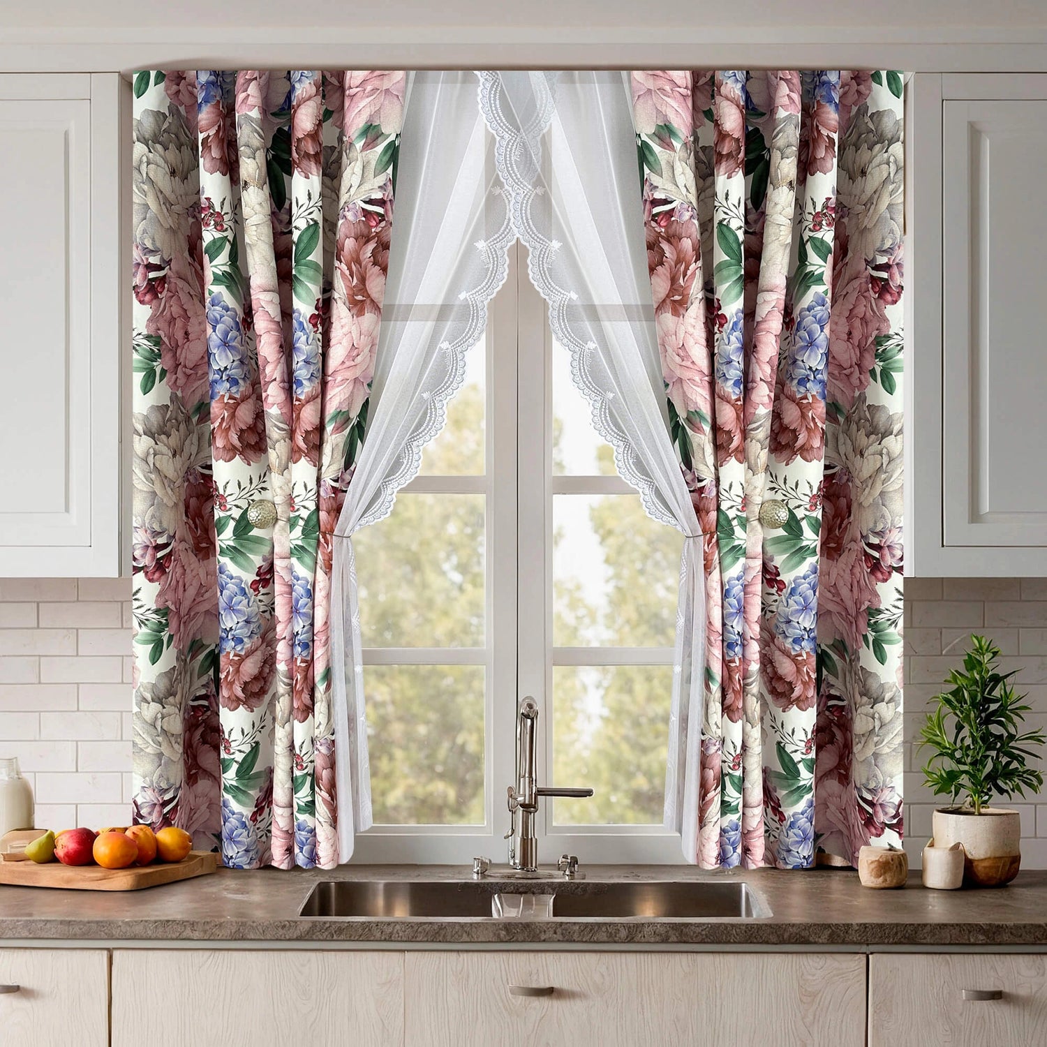 Kitchen Curtains Set with Floral Hydrangea Design