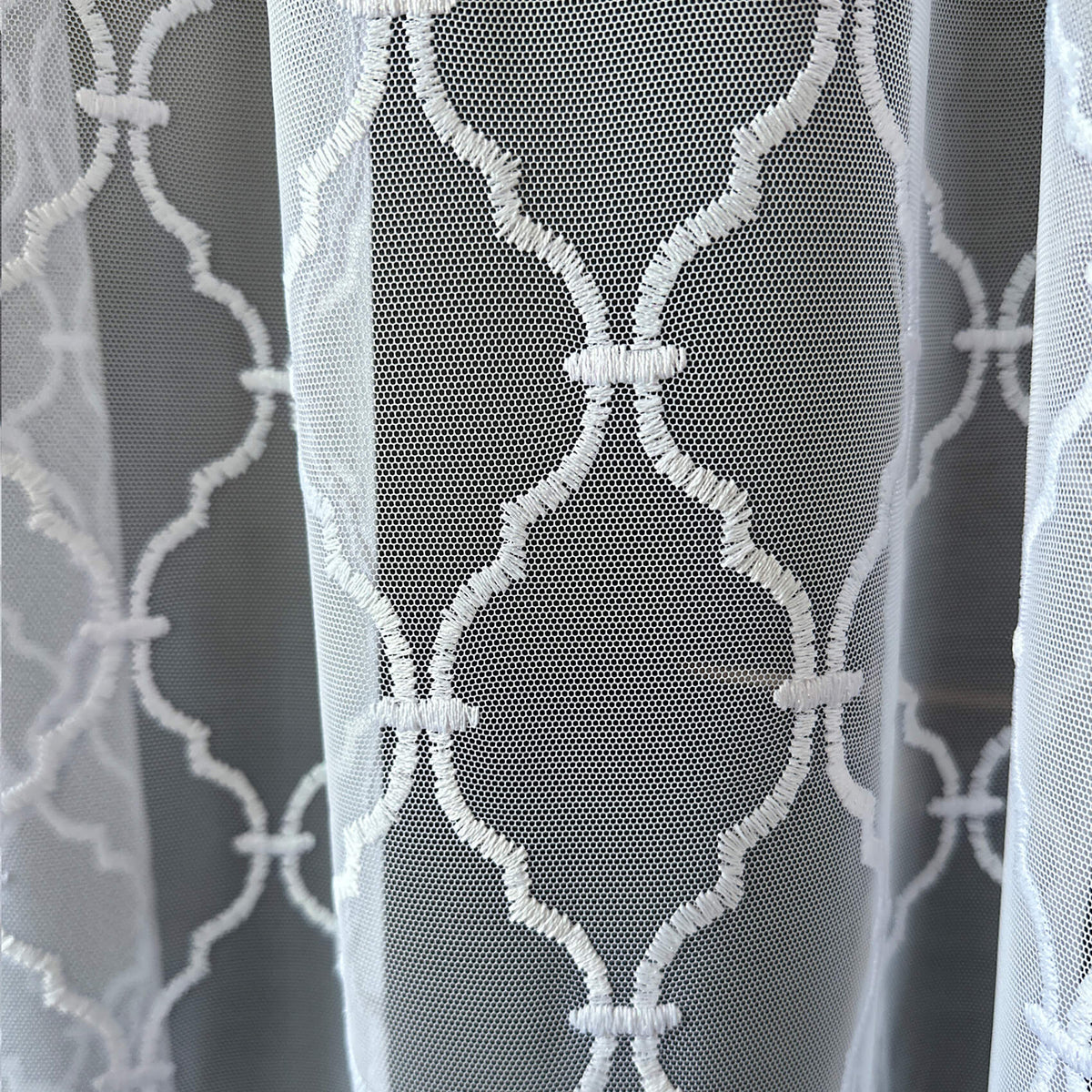 White Moroccan Trellis Embroidered Sheer Lace Curtains, Geometric Tulle Drapes for Living Room & Bedroom