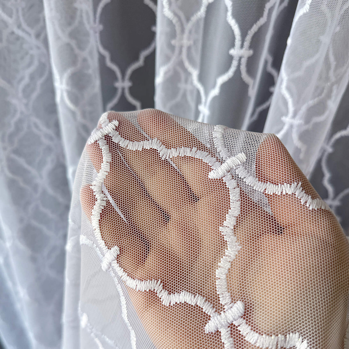 White Moroccan Trellis Embroidered Sheer Lace Curtains, Geometric Tulle Drapes for Living Room & Bedroom