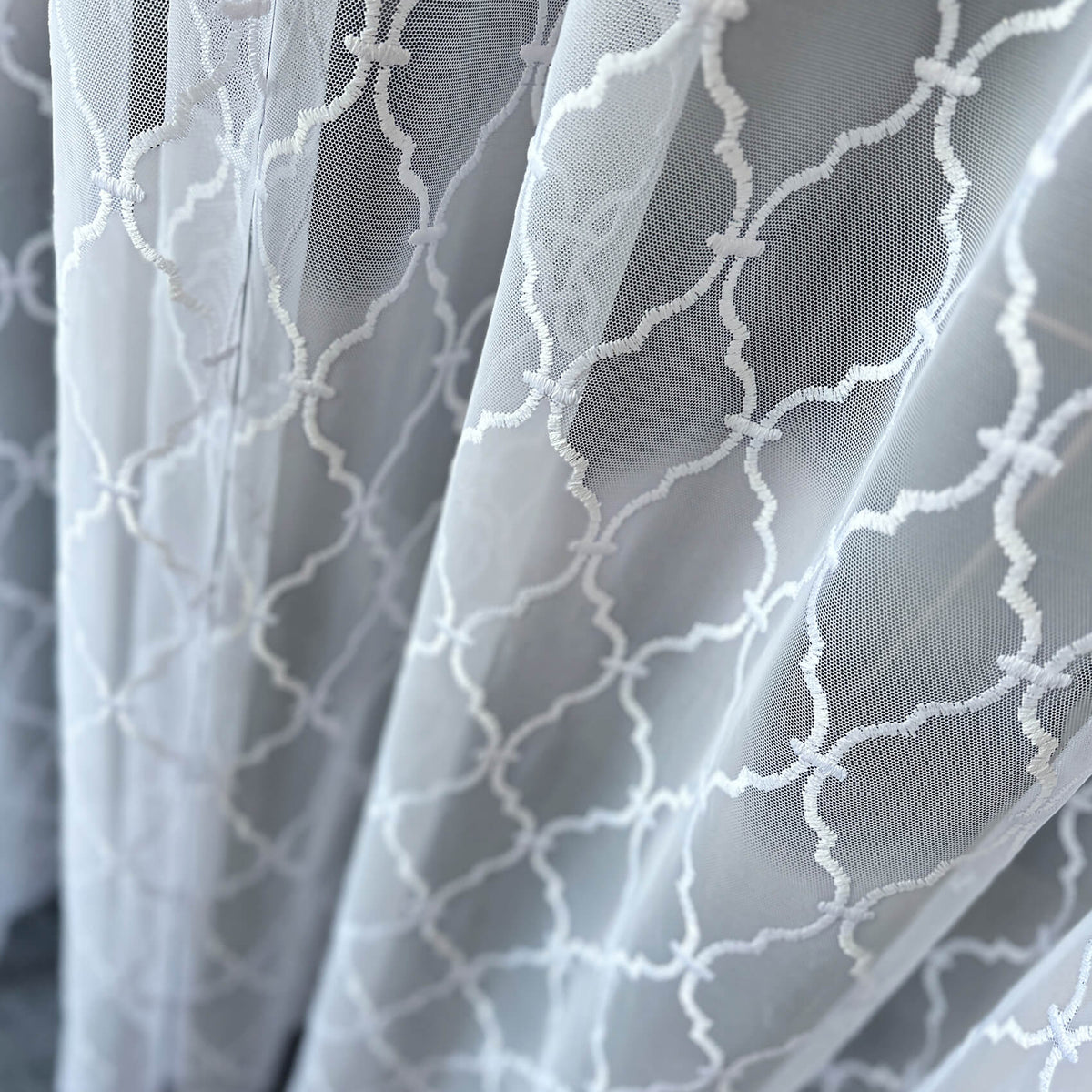 White Moroccan Trellis Embroidered Sheer Lace Curtains, Geometric Tulle Drapes for Living Room & Bedroom