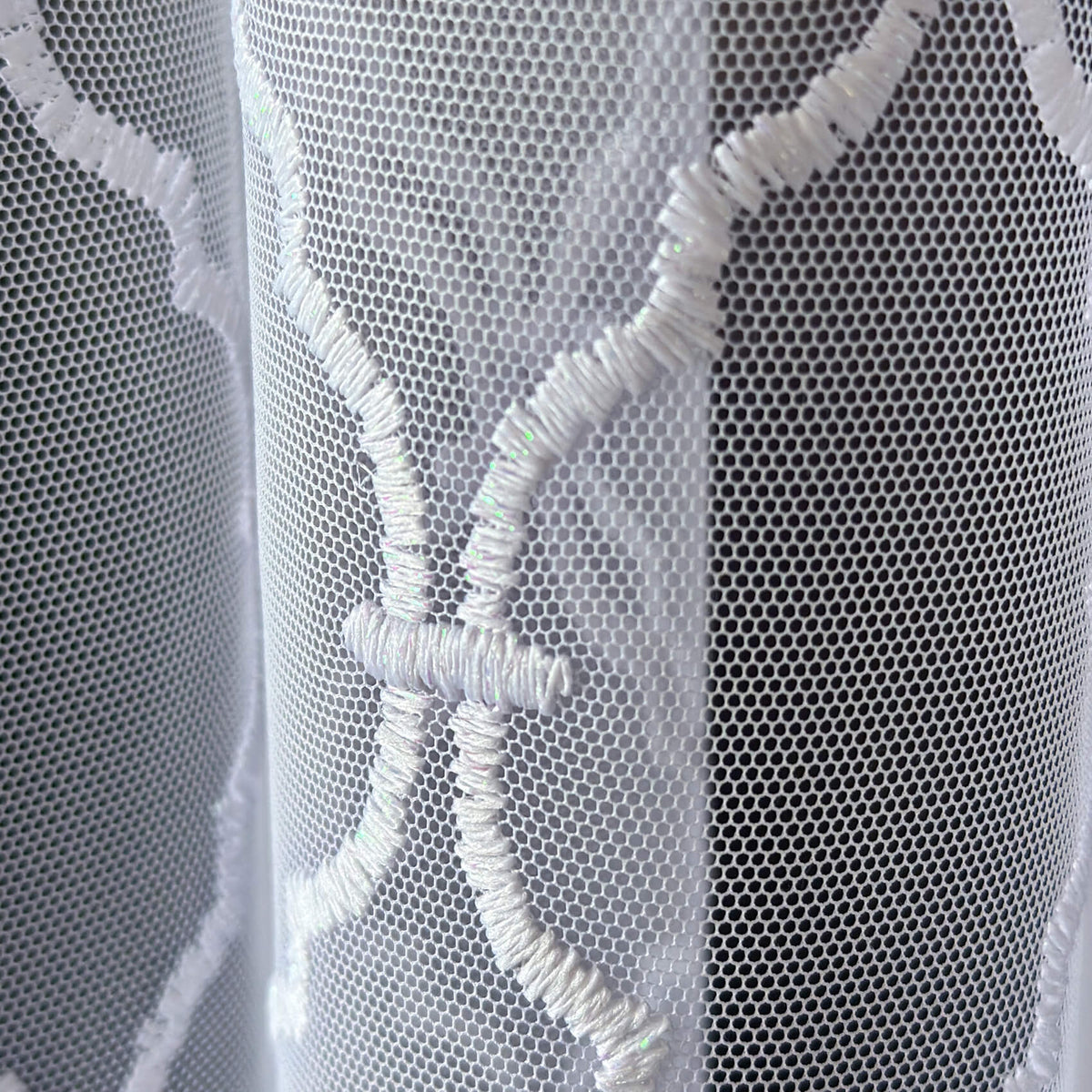 White Moroccan Trellis Embroidered Sheer Lace Curtains, Geometric Tulle Drapes for Living Room & Bedroom