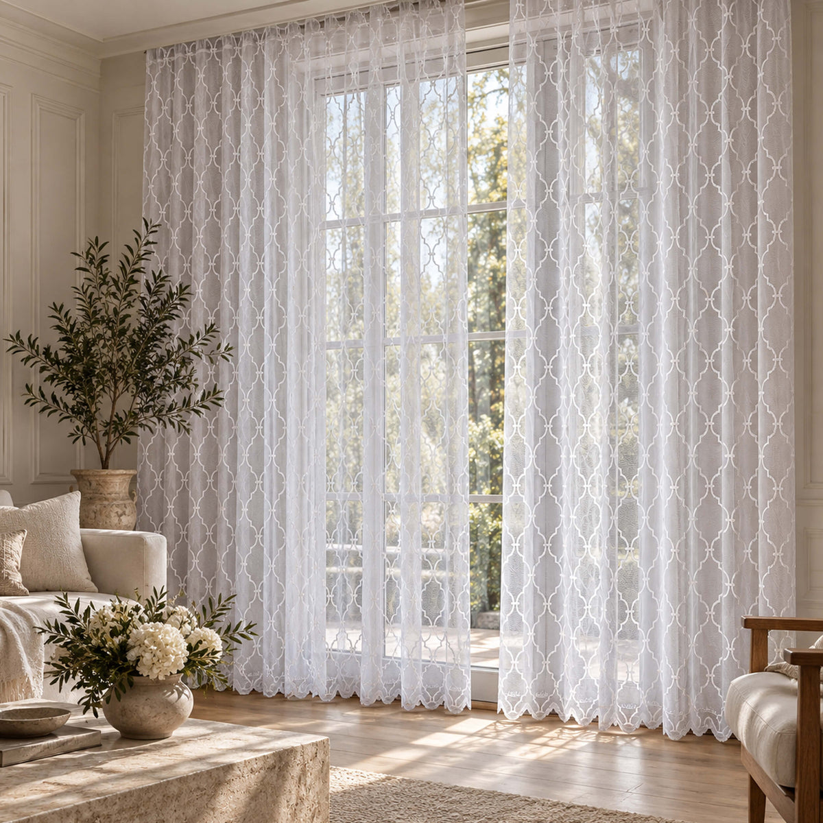 White Moroccan Trellis Embroidered Sheer Lace Curtains, Geometric Tulle Drapes for Living Room & Bedroom