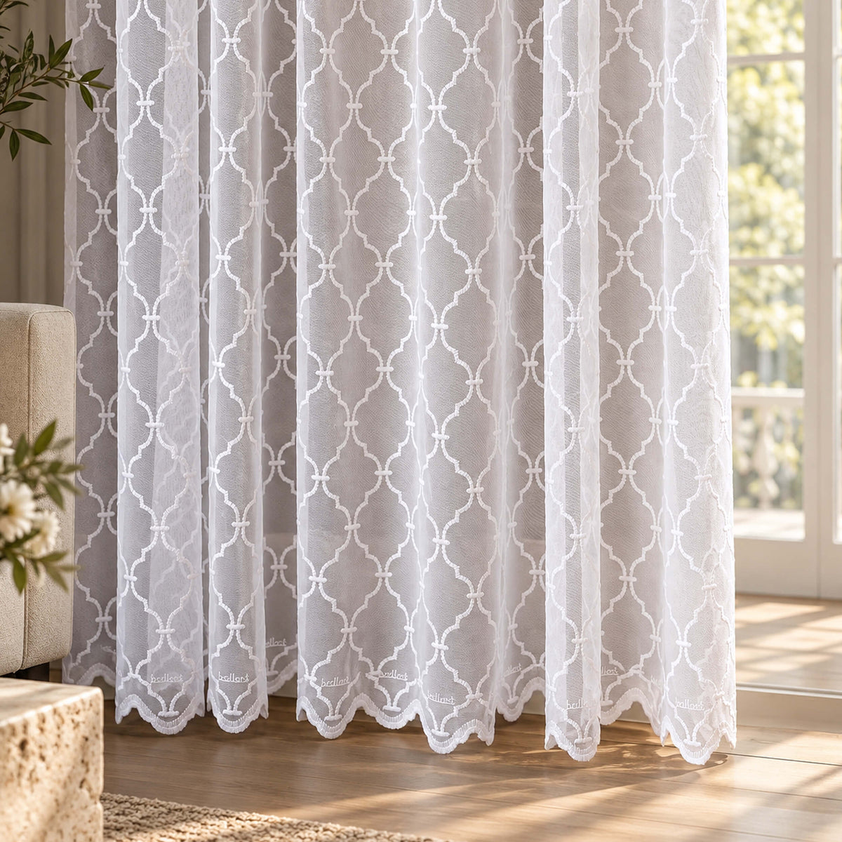White Moroccan Trellis Embroidered Sheer Lace Curtains, Geometric Tulle Drapes for Living Room & Bedroom