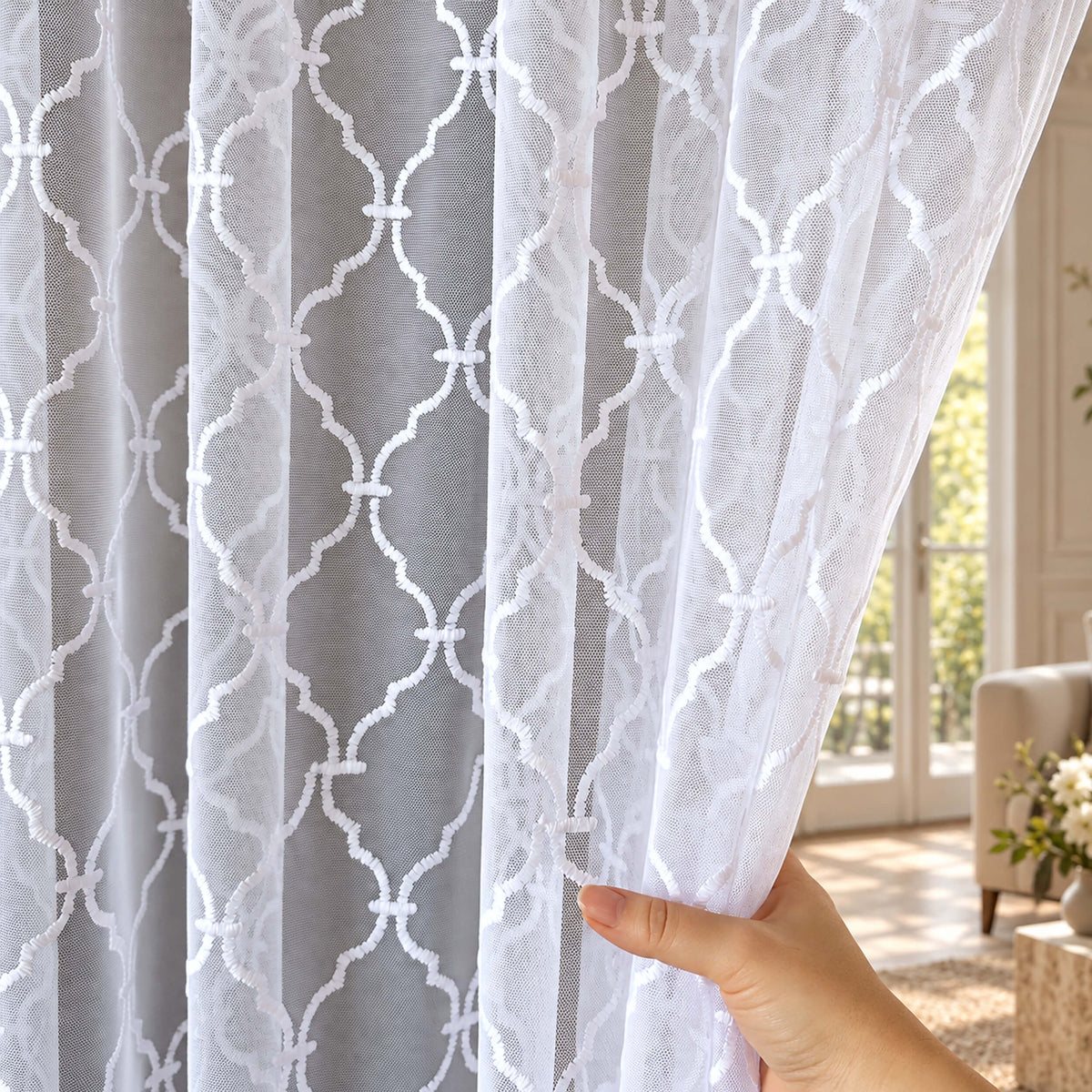 White Moroccan Trellis Embroidered Sheer Lace Curtains, Geometric Tulle Drapes for Living Room & Bedroom