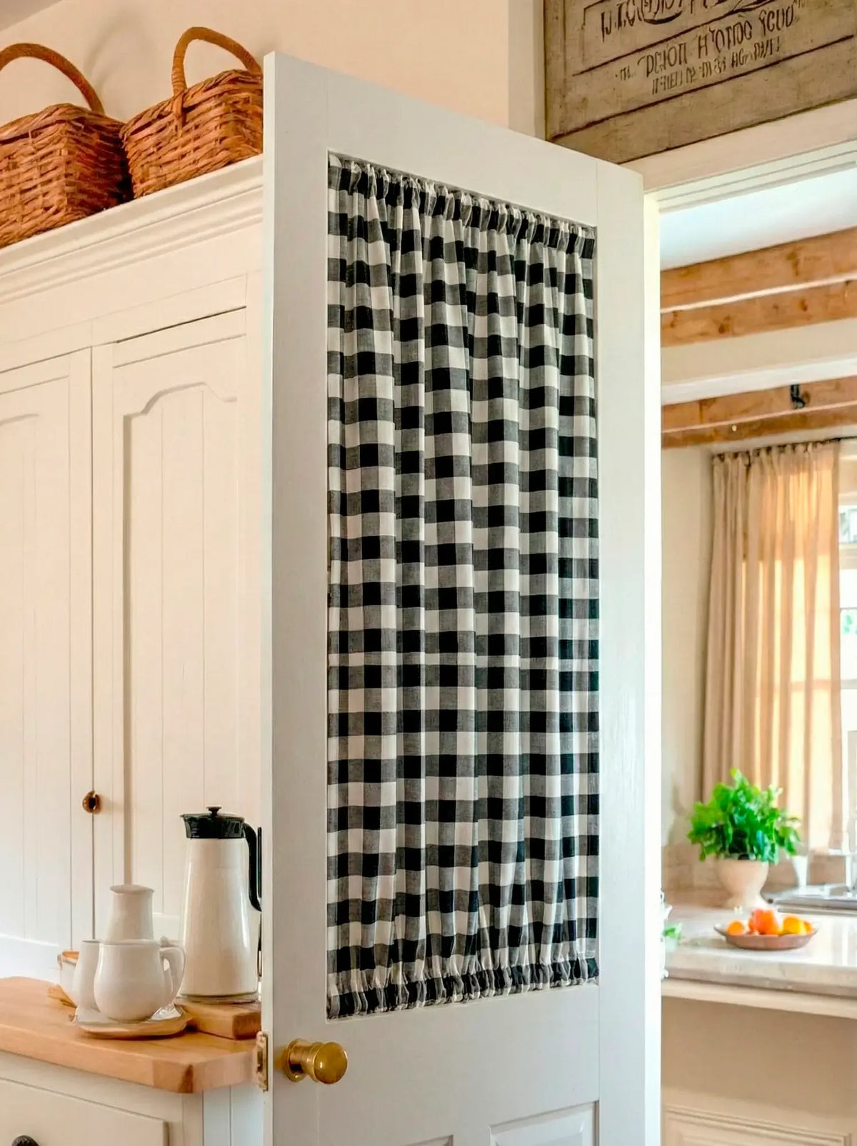 Black and White Buffalo Check French Door Curtain – Plaid Door Sash Curtain with Top & Bottom Rod Pockets