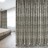 Jacquard Drapery Curtain Modern Abstract Patterned in Taupe Gray in Bedroom