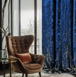 Velvet Curtains in Blue / Gold Luxury Pattern for Chic Home Decor, in the interior with chair