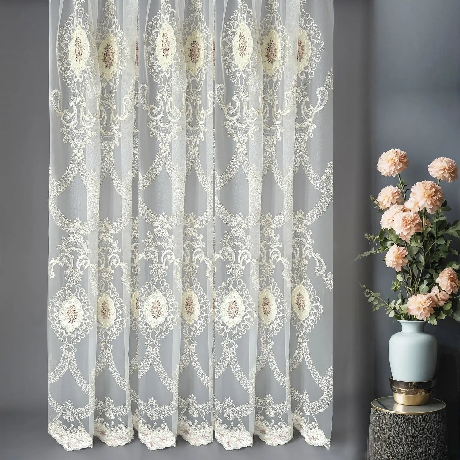 Luxury Sheer Curtains with Arabic Lace Rich Gold Embroidery