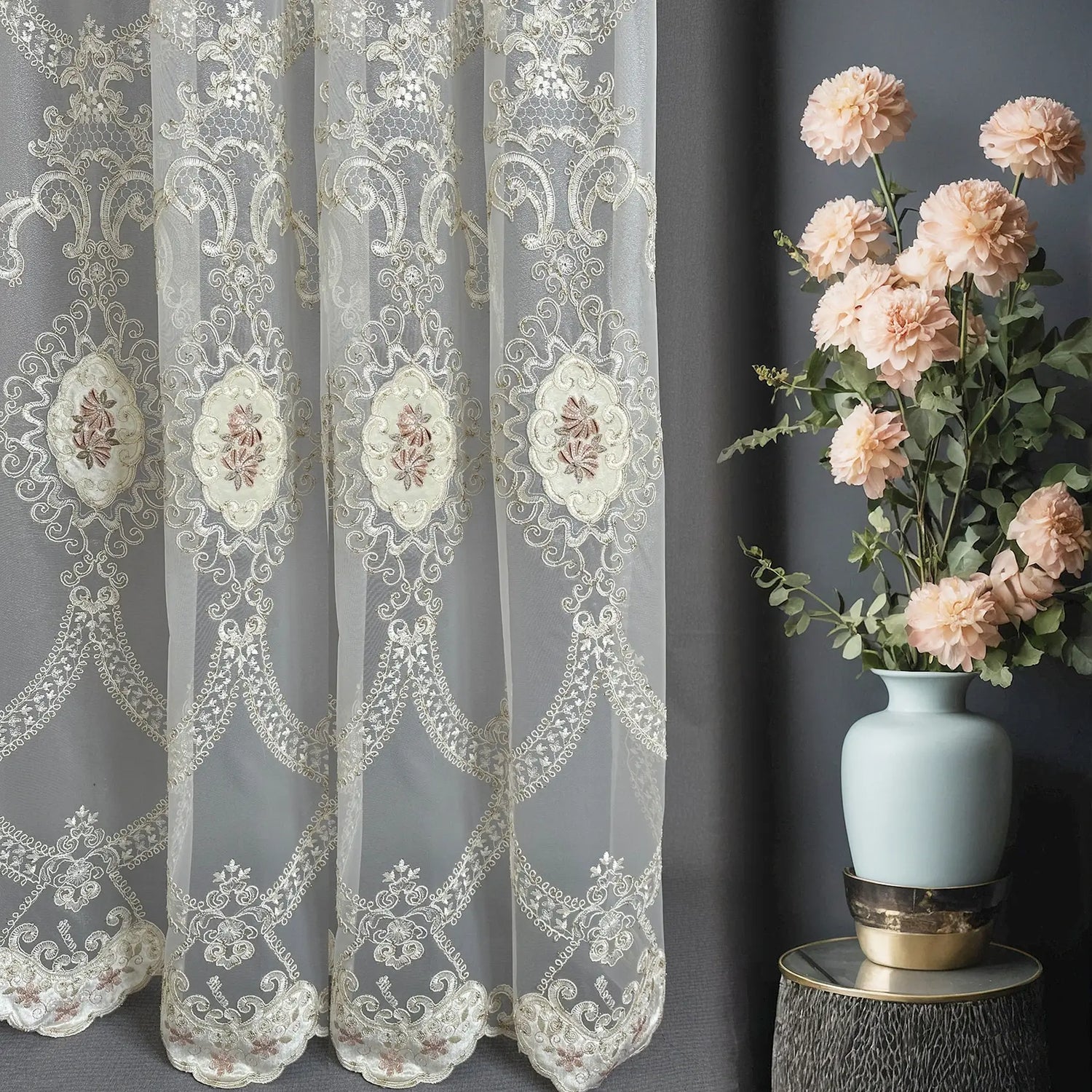 Sheer Curtains with Arabic Lace Rich Gold Embroidery