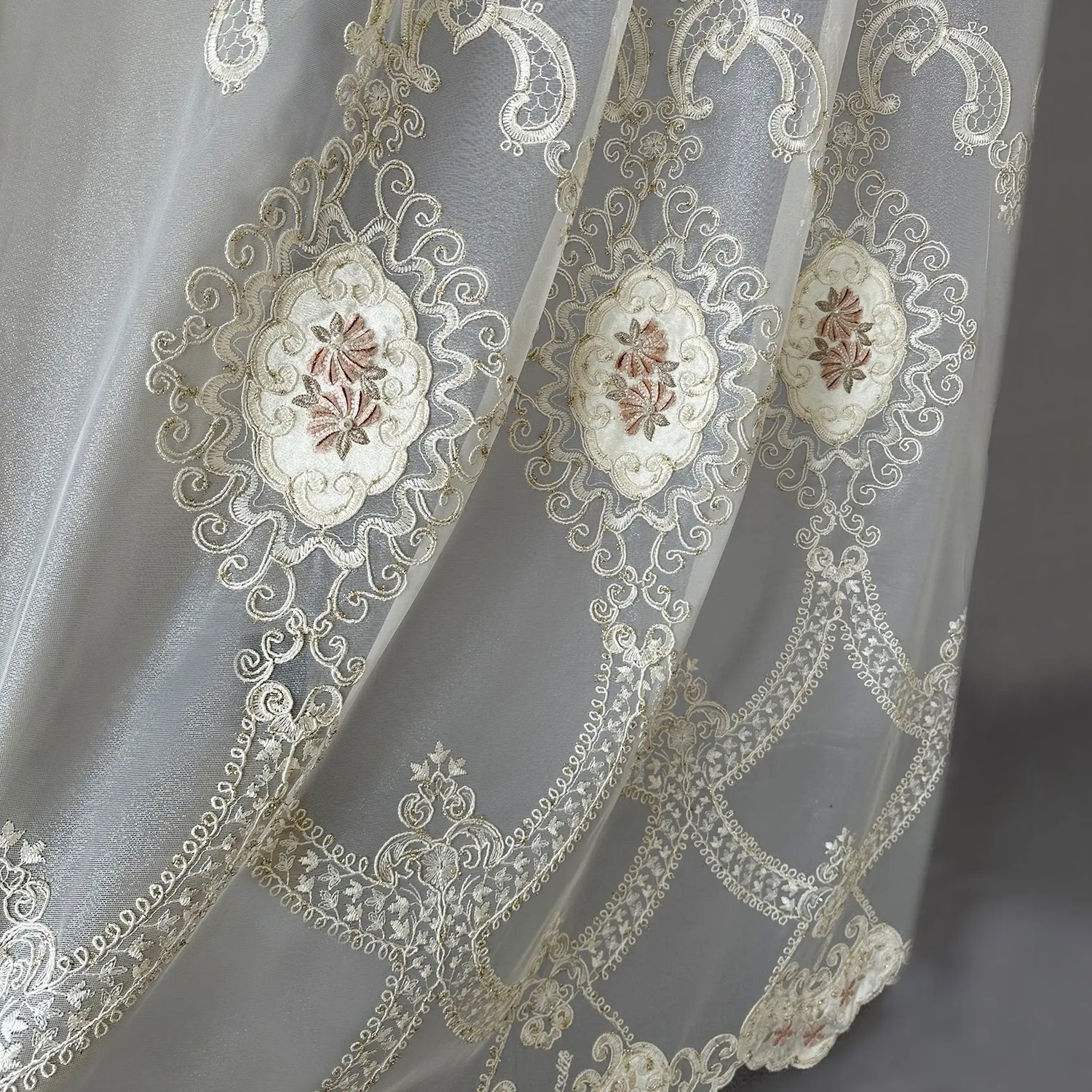 Sheer Curtains with Arabic Lace Rich Gold Embroidery