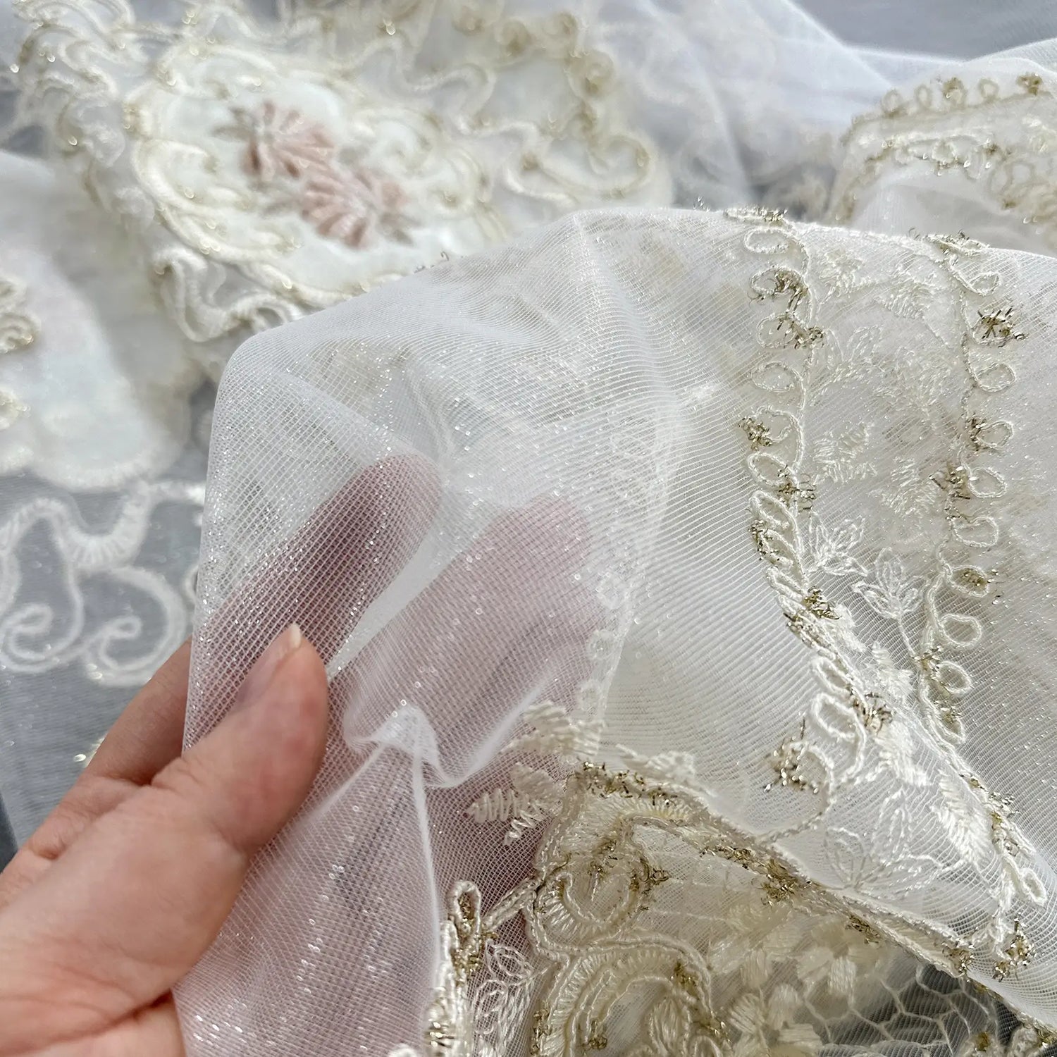Sheer Curtains with Arabic Lace Rich Gold Embroidery