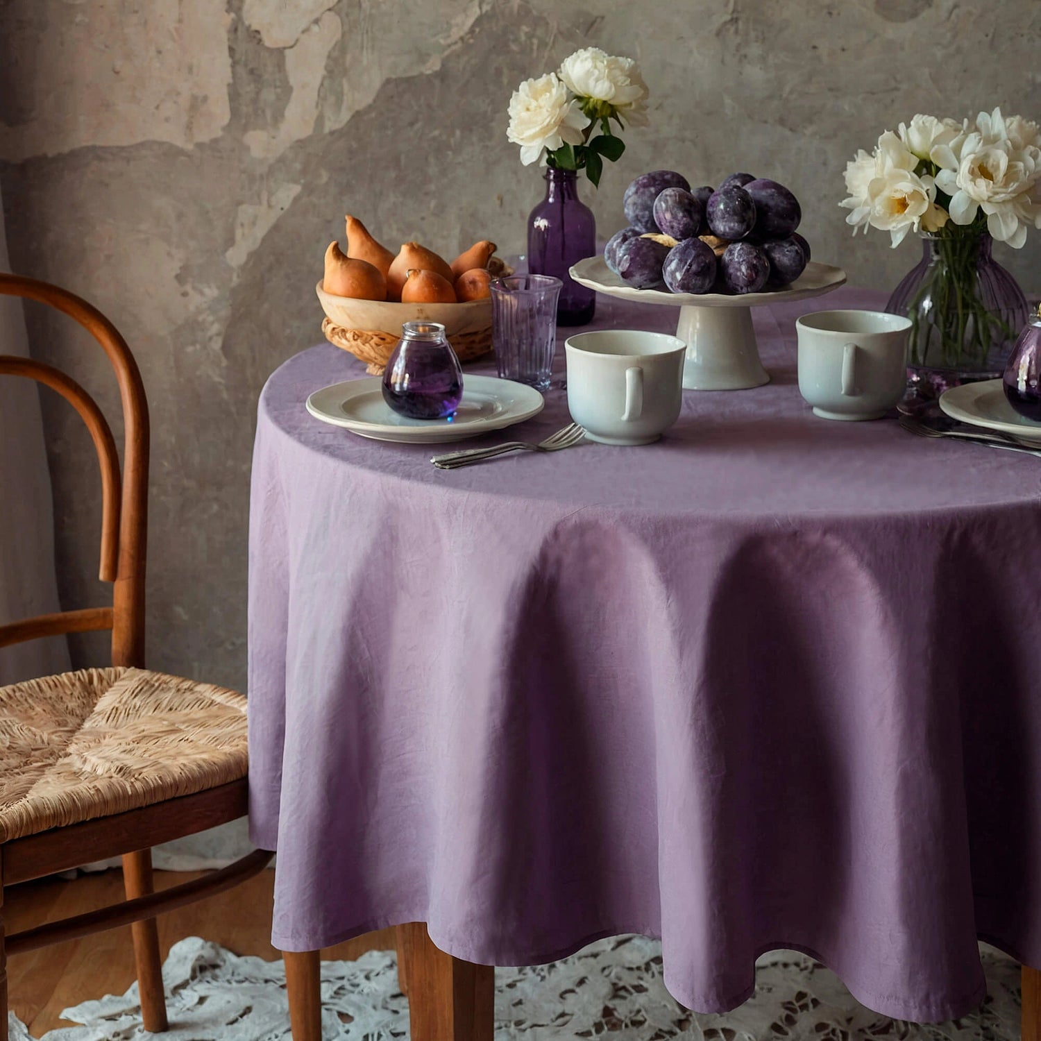 linen table cloth round purple color