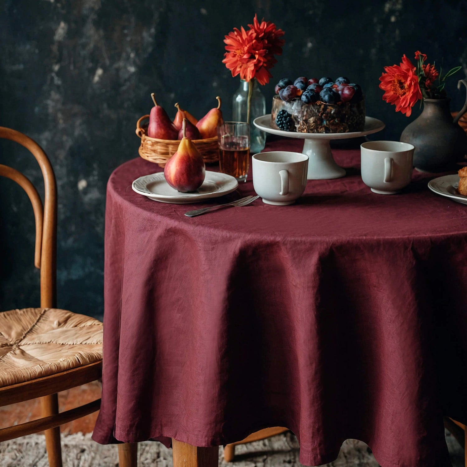 linen tablecloth round burgundy color