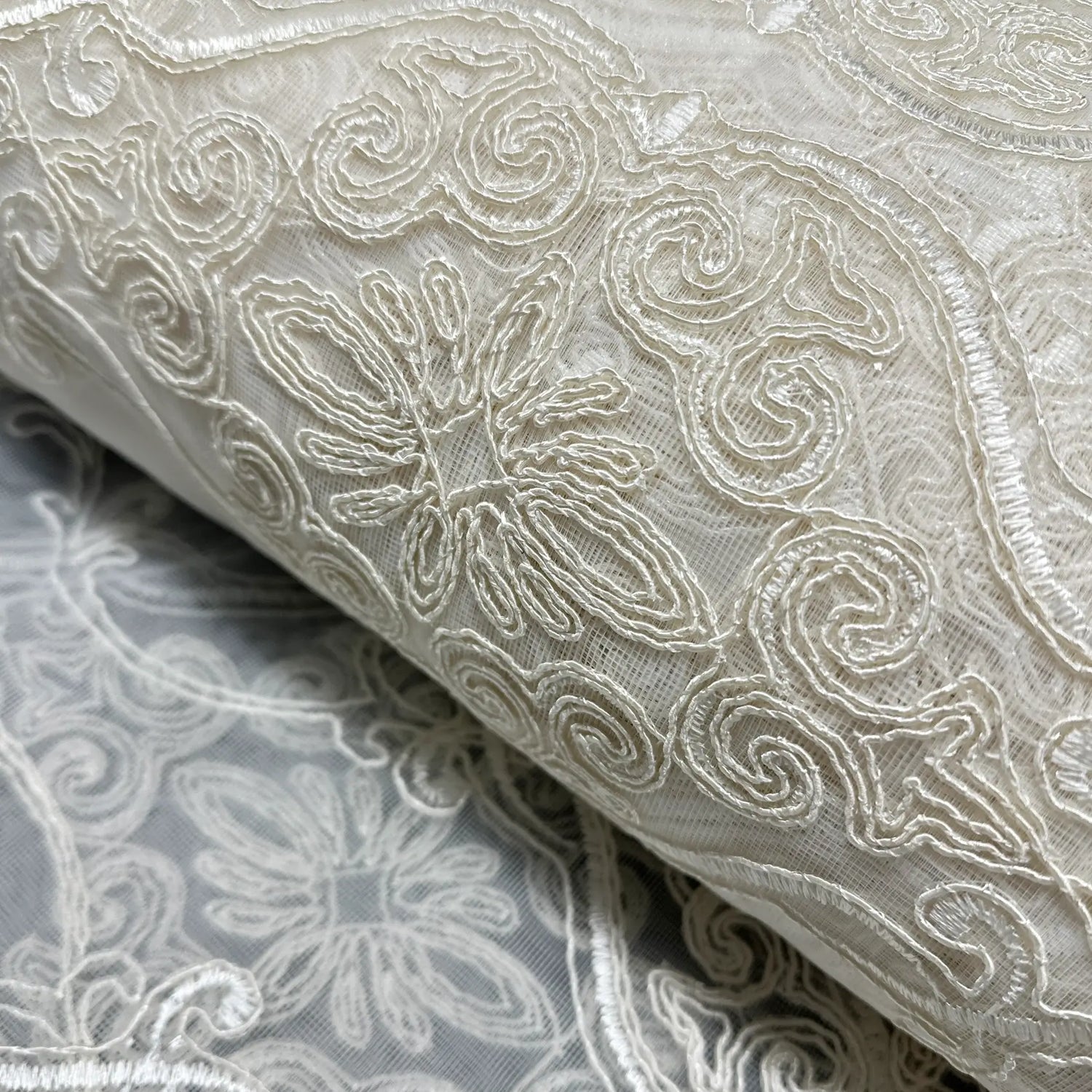 Close-up of embroidered lace fabric with intricate patterns