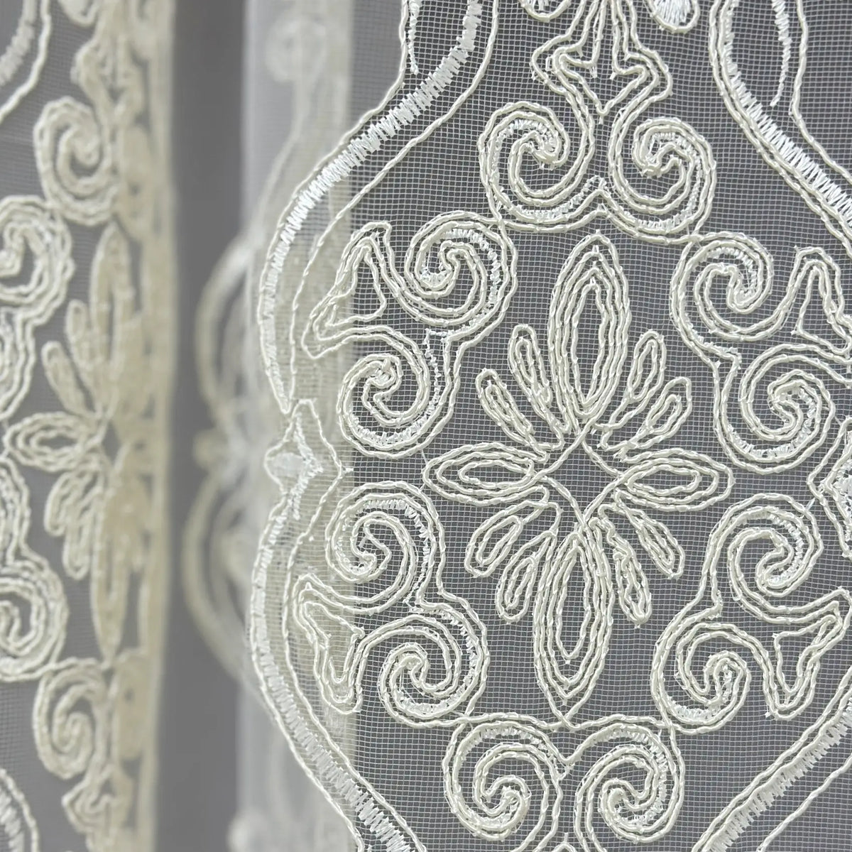 Close-up of decorative lace fabric with intricate patterns.