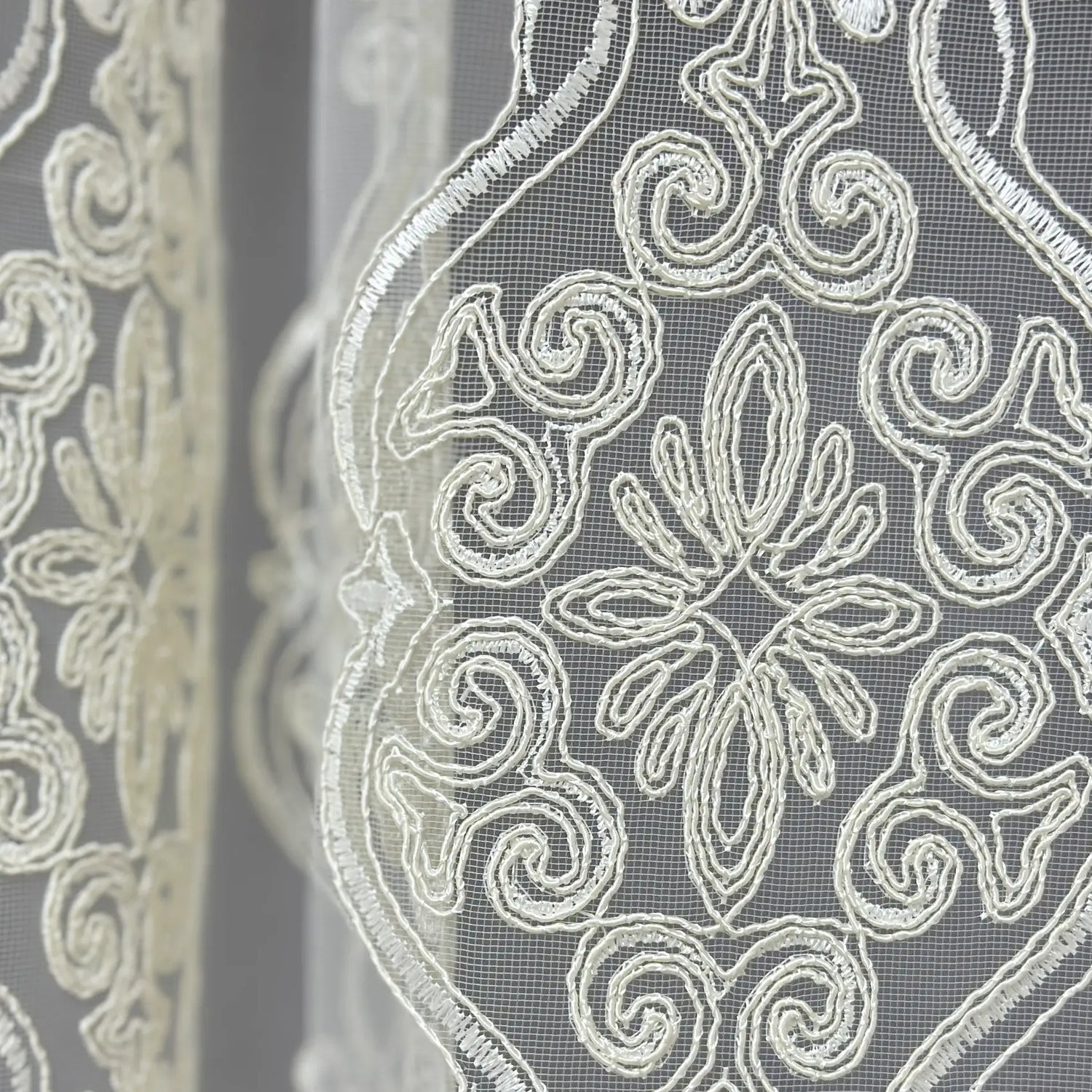 Close-up of decorative lace fabric with intricate patterns.