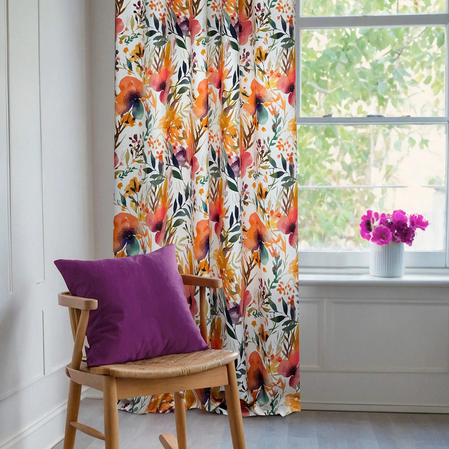 Curtains with Watercolor Vivid Orange Floral Pattern