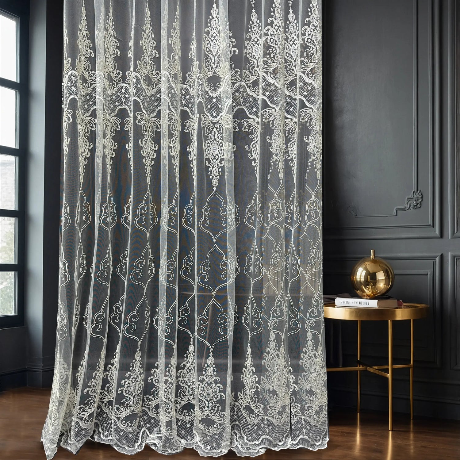 Off-White Sheer Lace Curtains with Embroidery