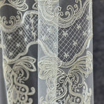 Close-up of intricate lace fabric with detailed patterns on a dark background