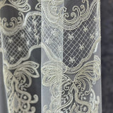Close-up of intricate lace fabric with detailed patterns on a dark background