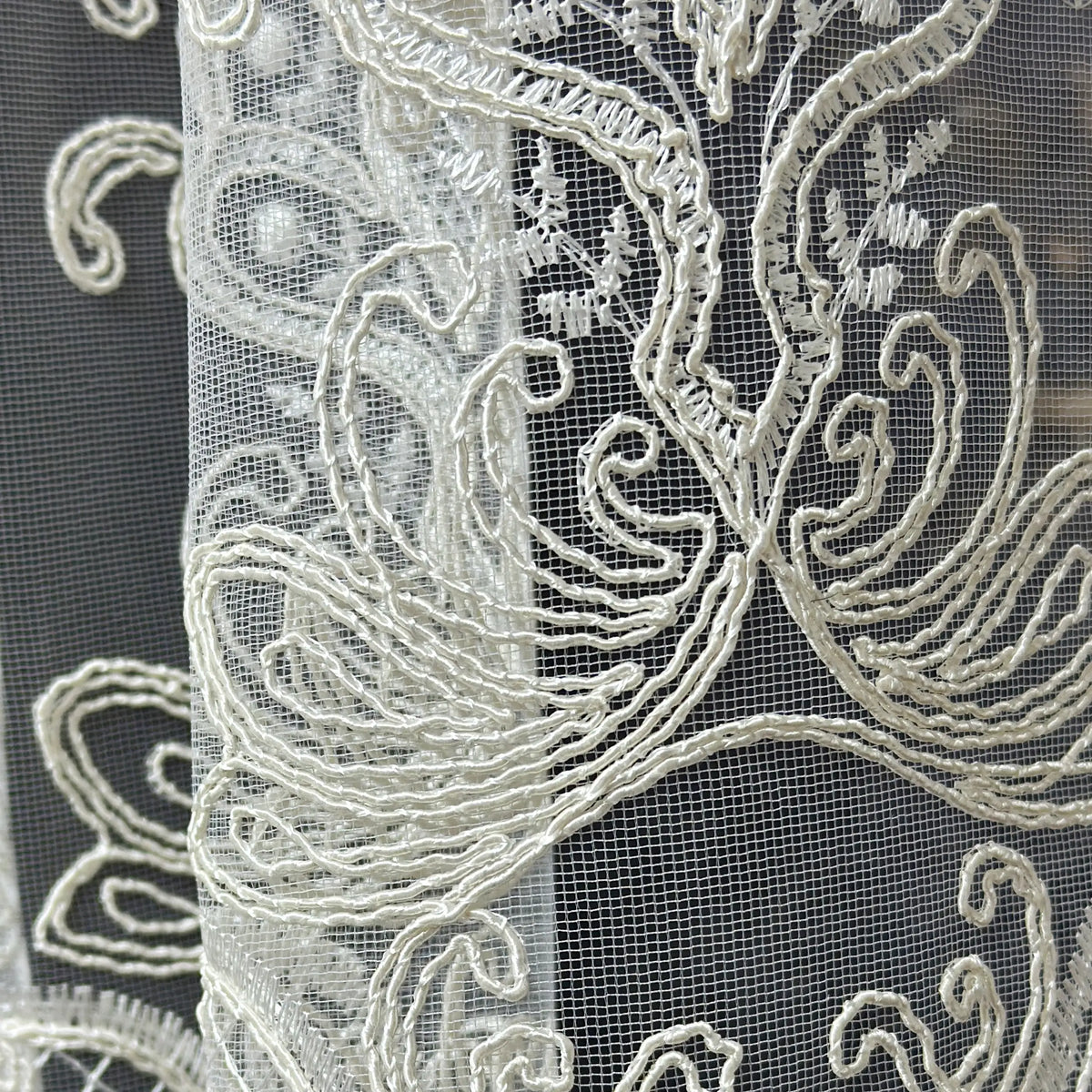 Close-up of intricate lace fabric with detailed patterns.