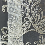Close-up of intricate lace fabric with detailed patterns.