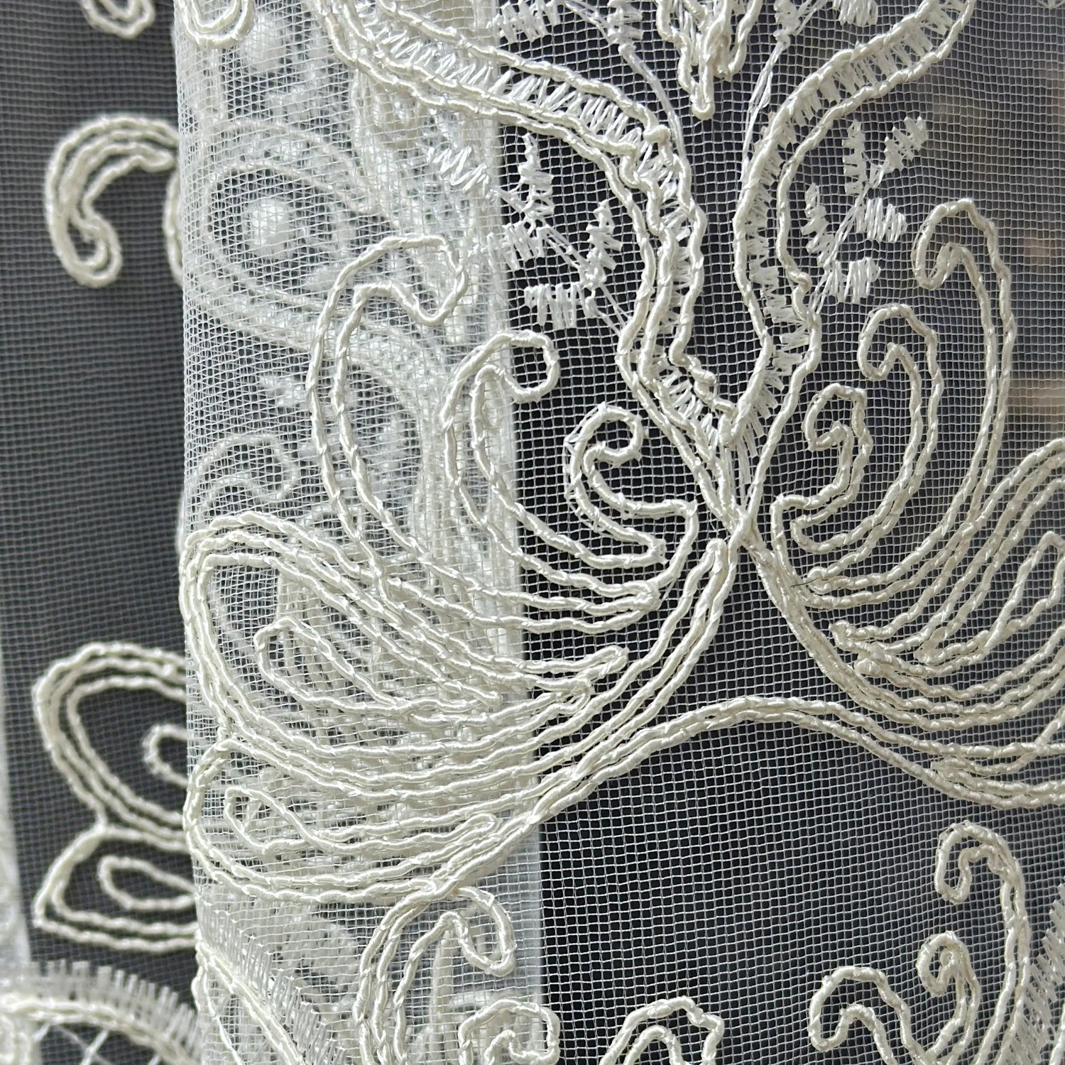 Close-up of intricate lace fabric with detailed patterns.