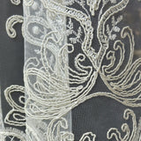 Close-up of intricate lace fabric with detailed patterns.