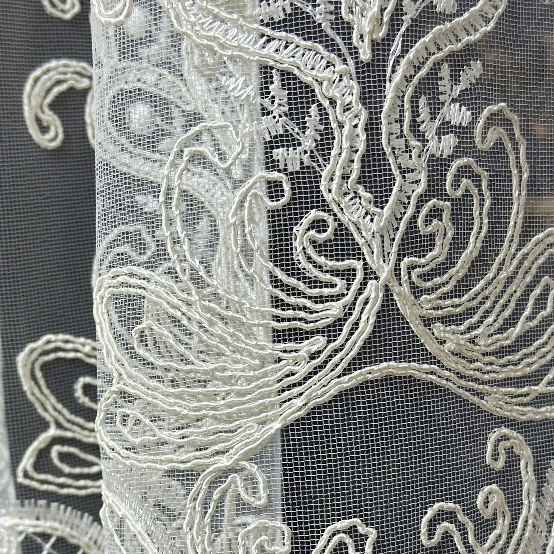 Close-up of intricate lace fabric with detailed patterns.