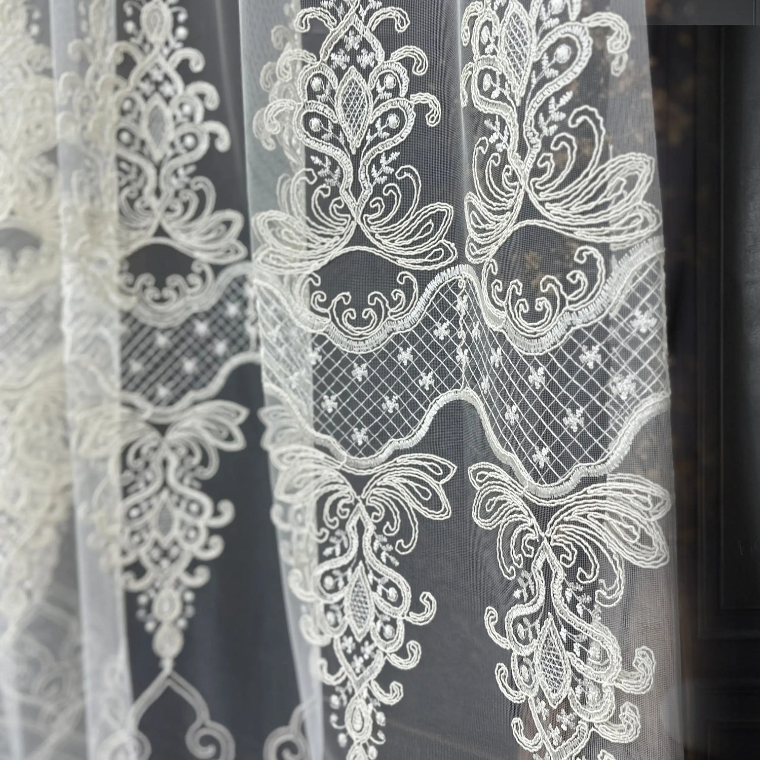Off-White Sheer Lace Curtains with Embroidery