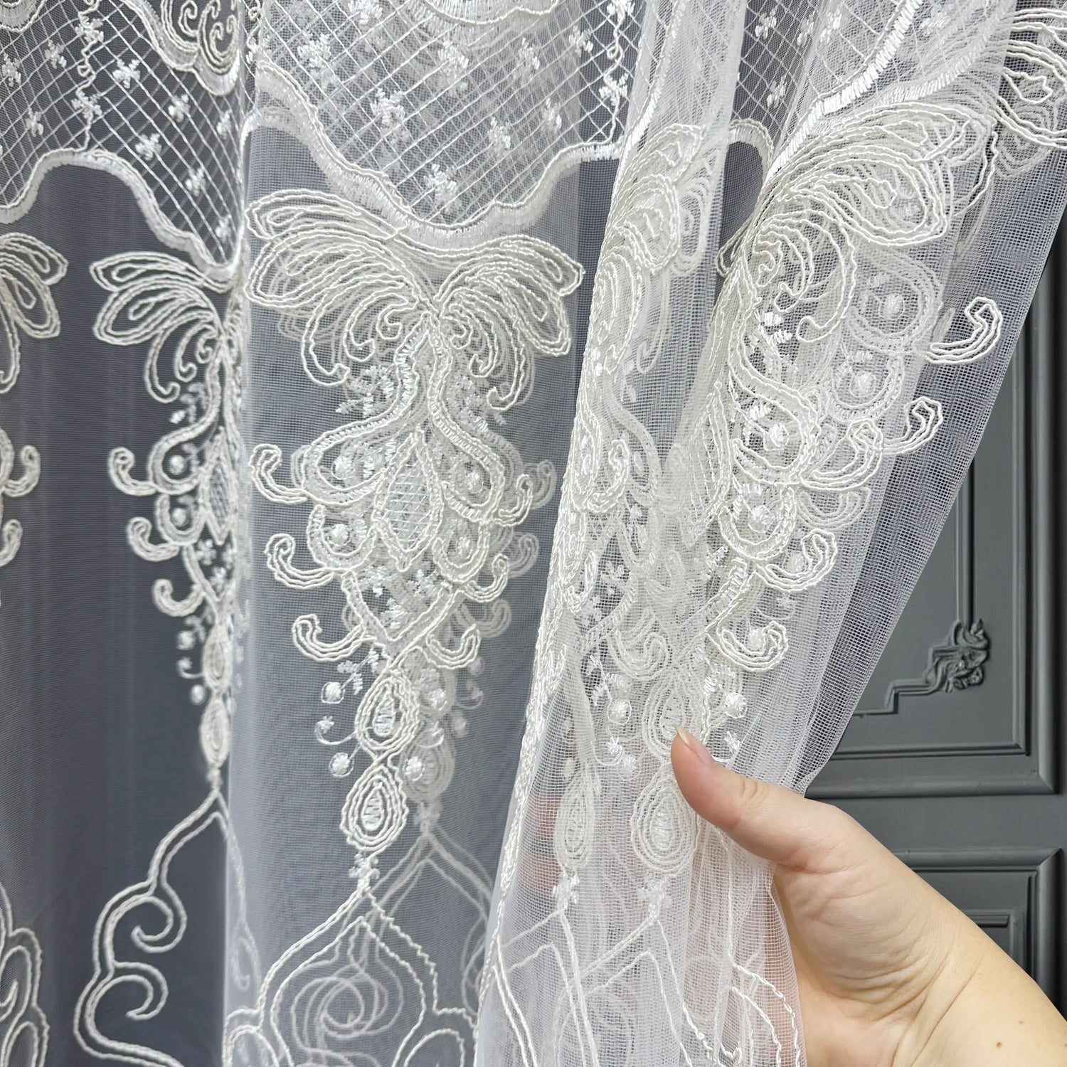 Off-White Sheer Lace Curtains with Embroidery
