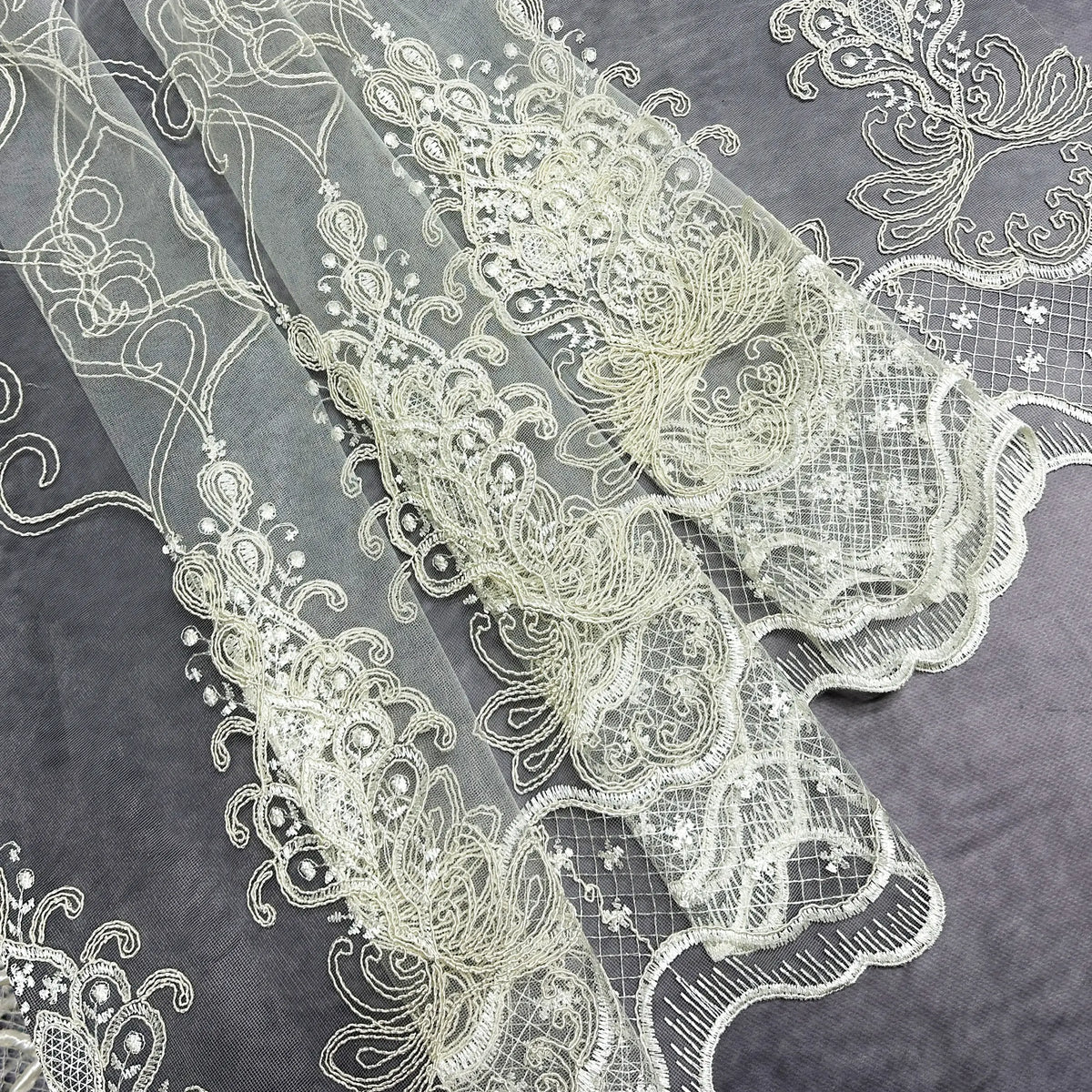 Close-up of intricate lace fabric on a dark background