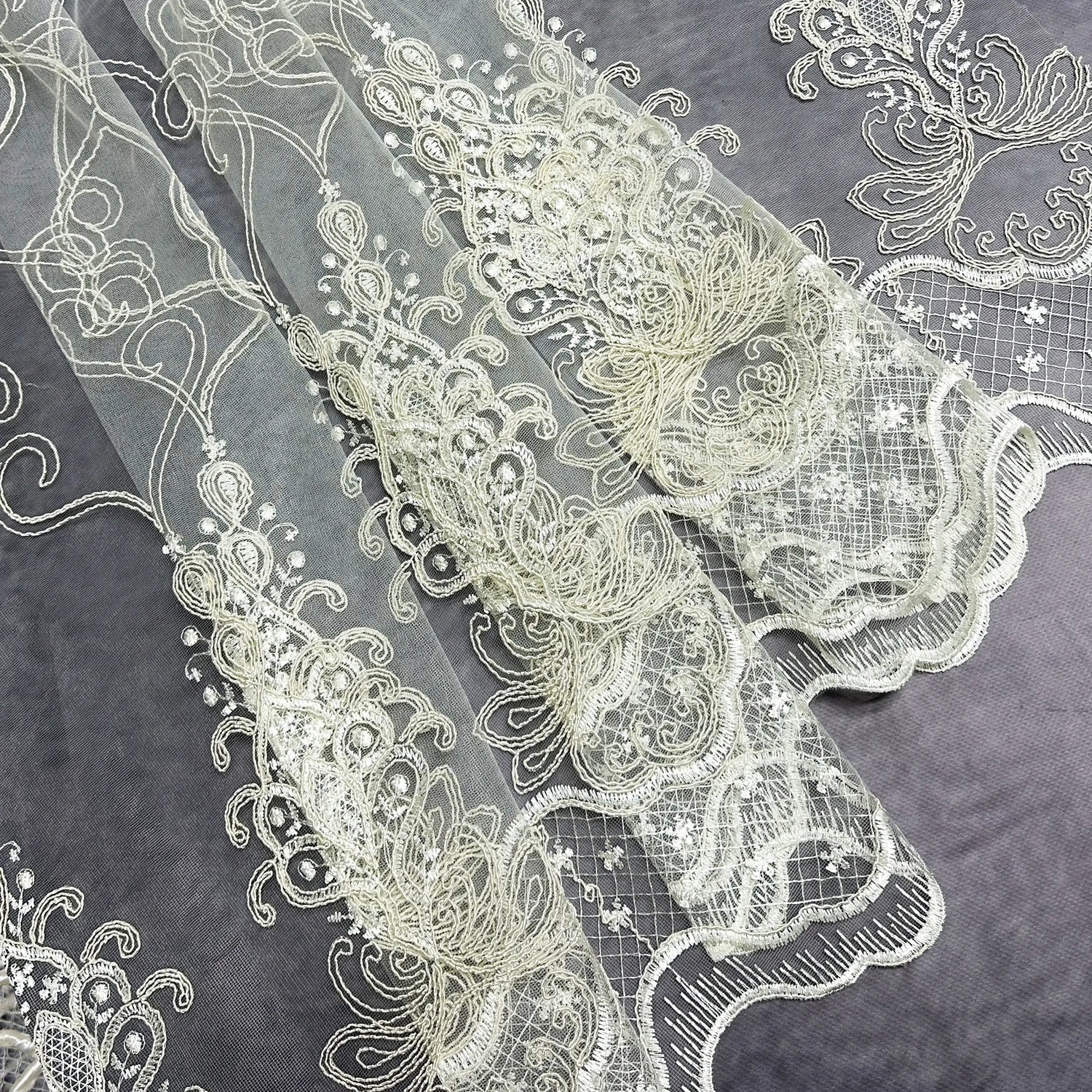 Close-up of intricate lace fabric on a dark background
