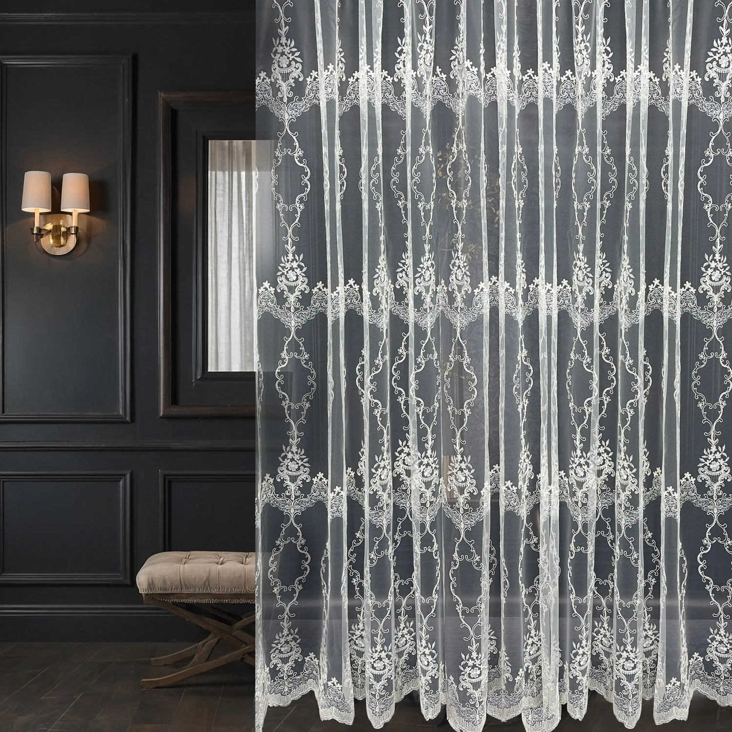 Off-White Sheer Lace Curtains with Embroidery Luxury