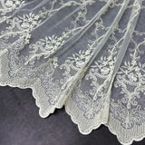 White lace fabric with intricate patterns on a dark background