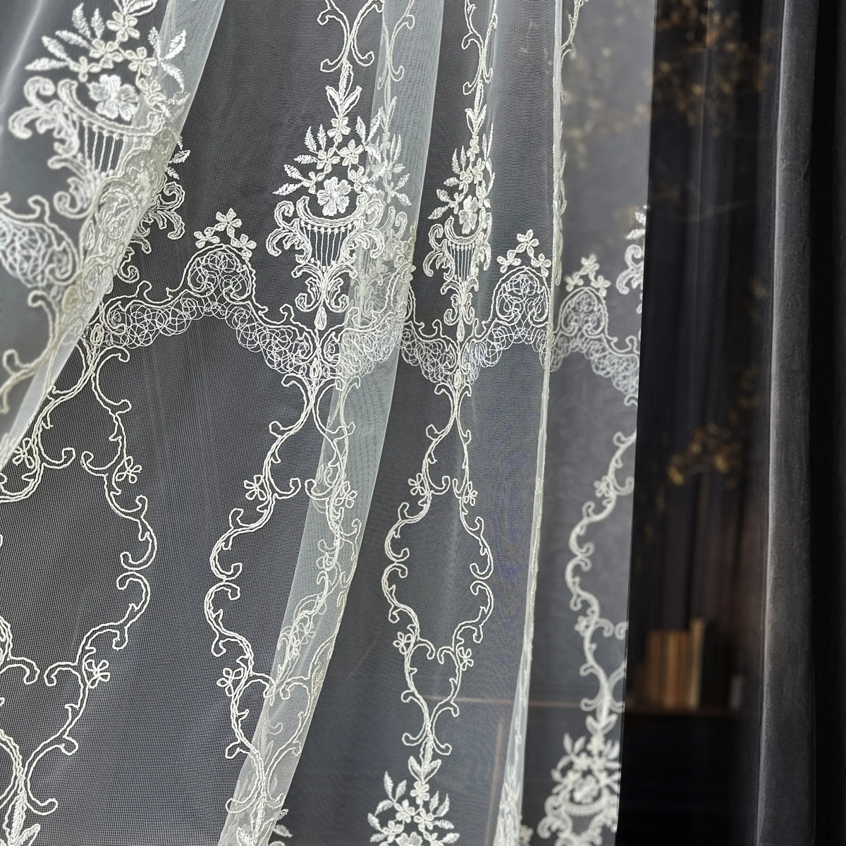 Off-White Sheer Lace Curtains with Embroidery Luxury