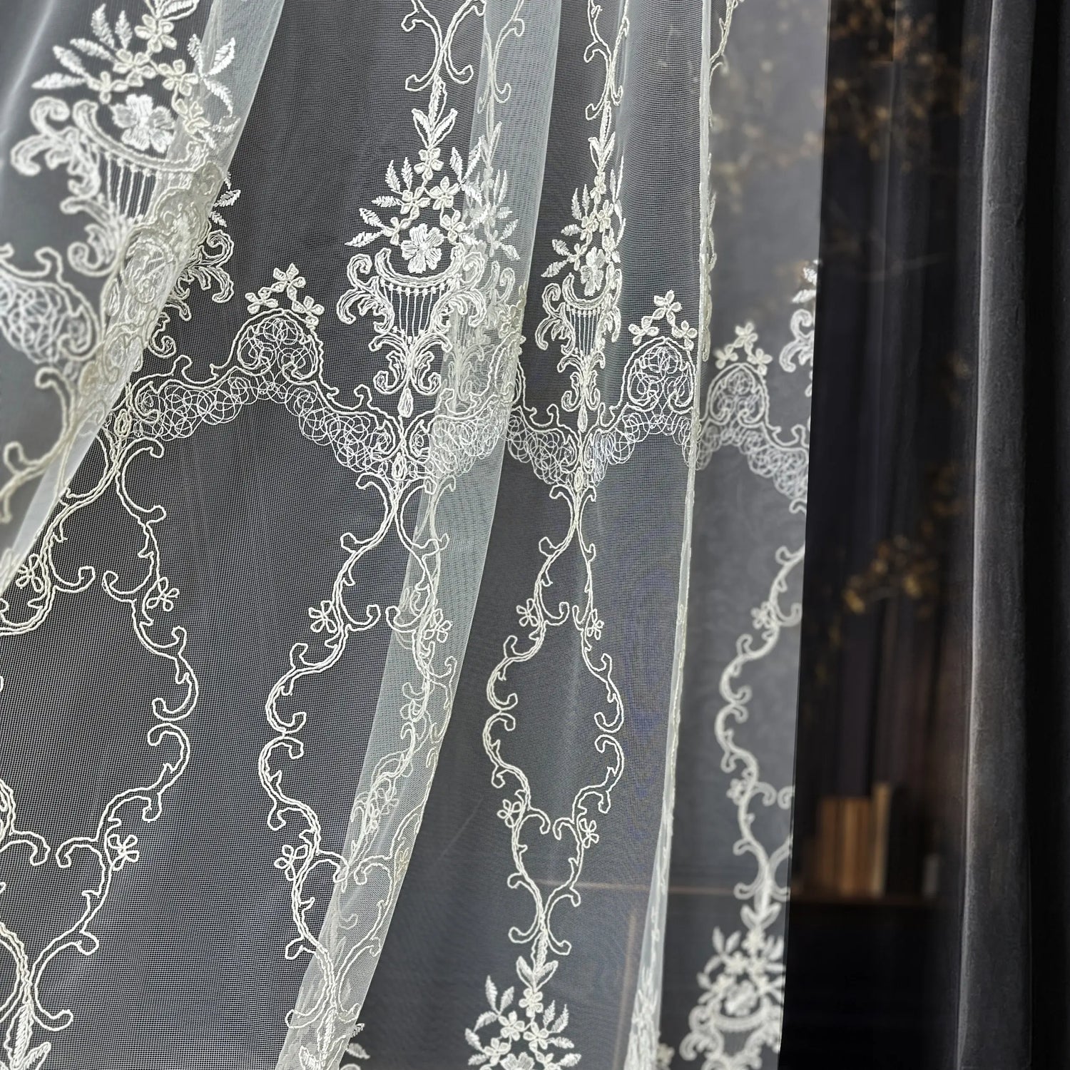 Off-White Sheer Lace Curtains with Embroidery Luxury