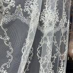 Close-up of white lace fabric with intricate patterns on a dark background