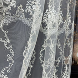 Close-up of white lace fabric with intricate patterns on a dark background