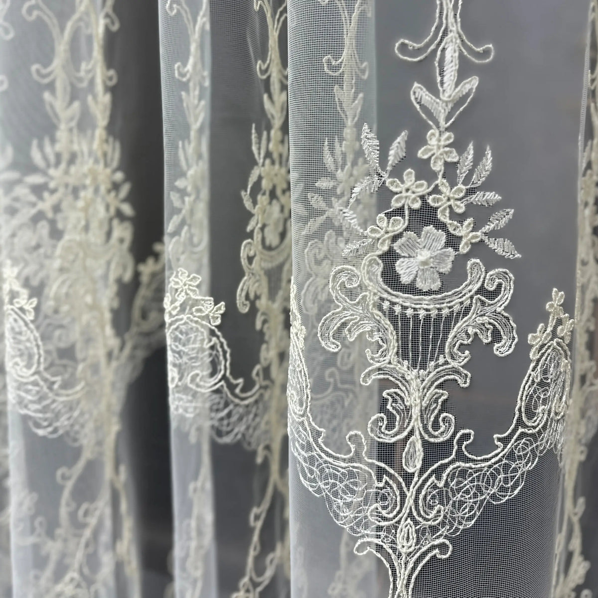 Close-up of lace fabric with intricate floral and geometric patterns.