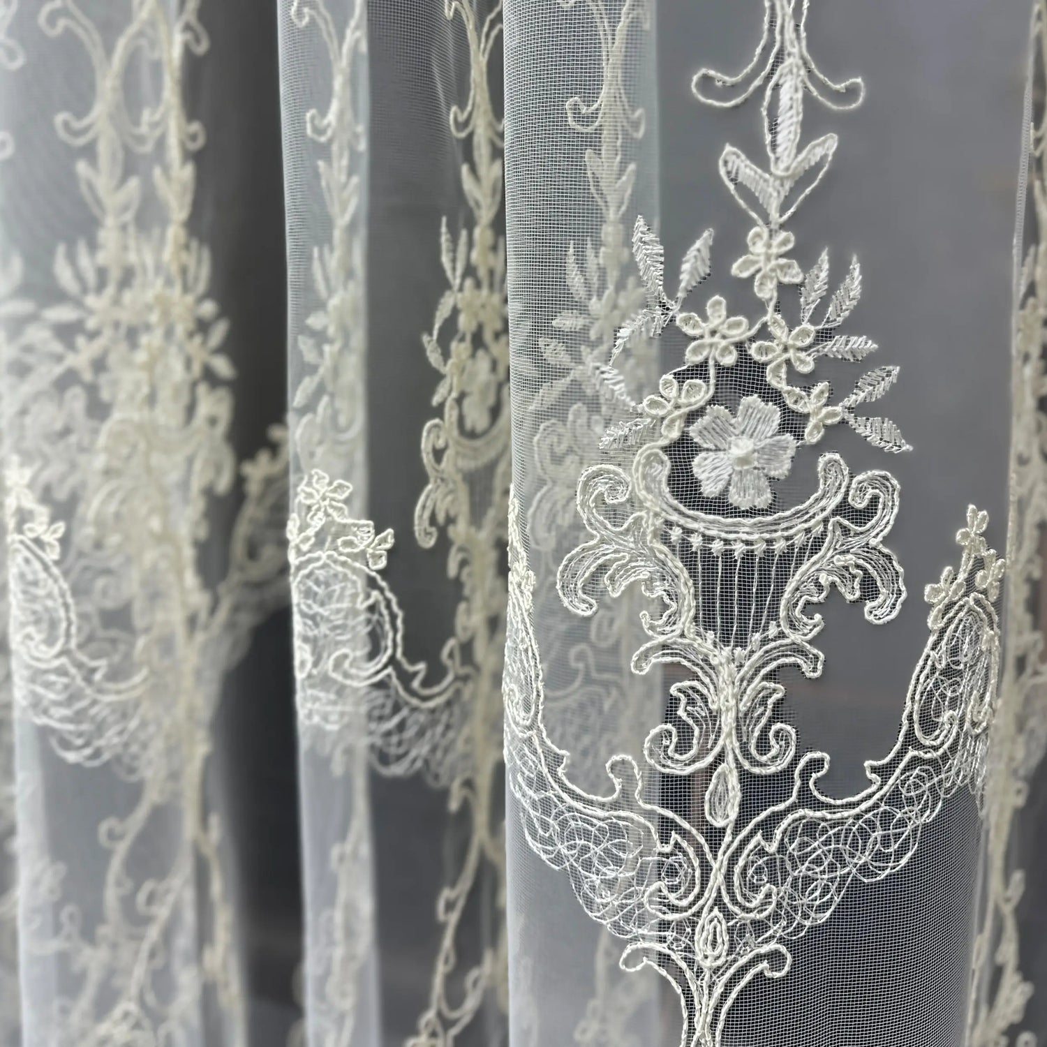 Close-up of lace fabric with intricate floral and geometric patterns.