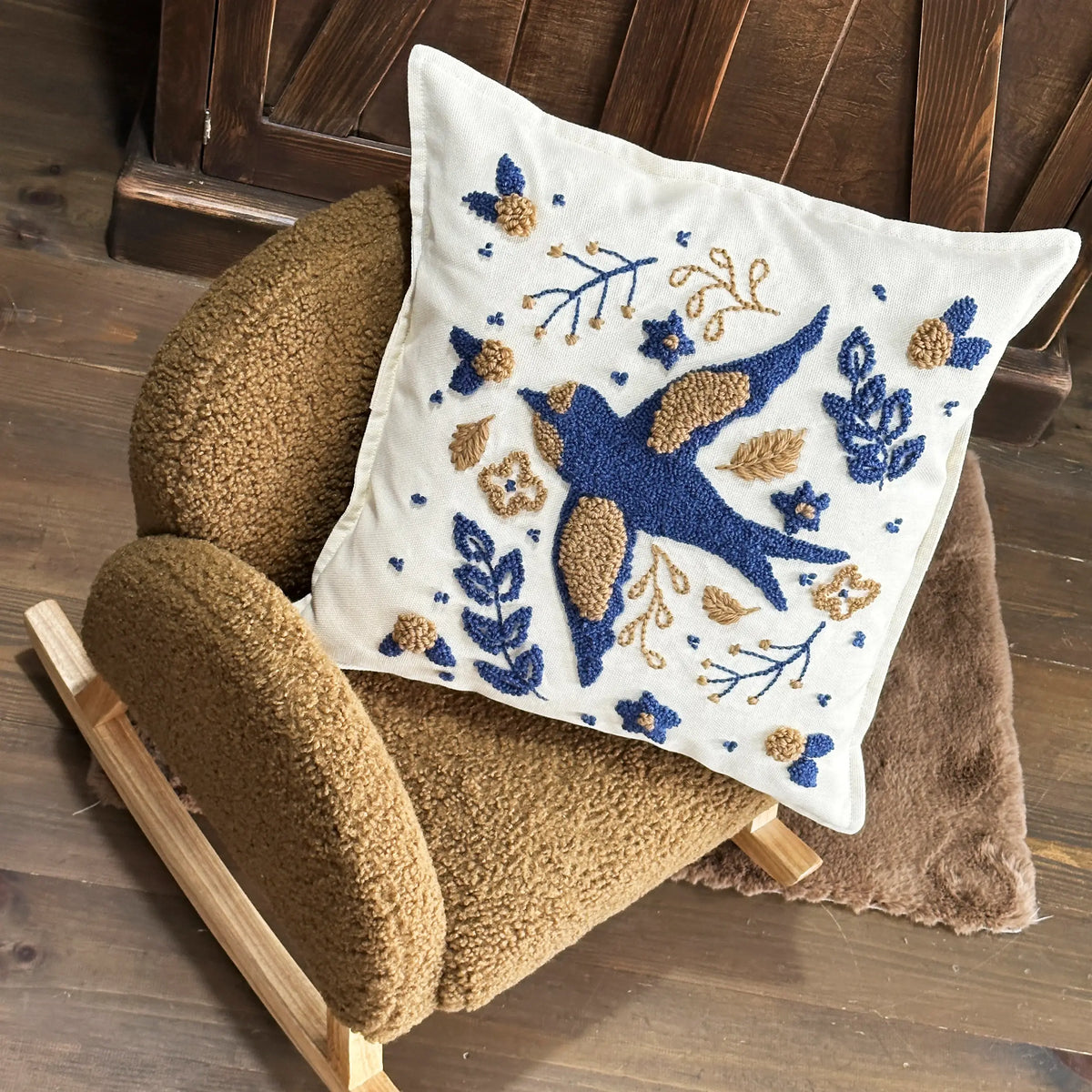 Pillow Cover Punch Needle Embroidered, The Flight of the Blue Swallow - Handmade Decor