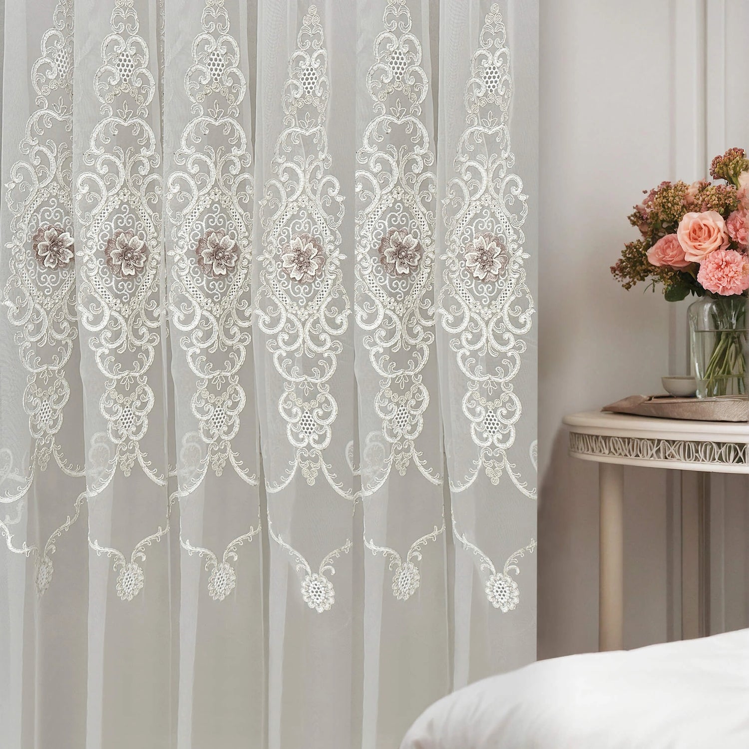 Curtains Lace Embroidered Elegant Victorian Vintage Style with 3D Flowers