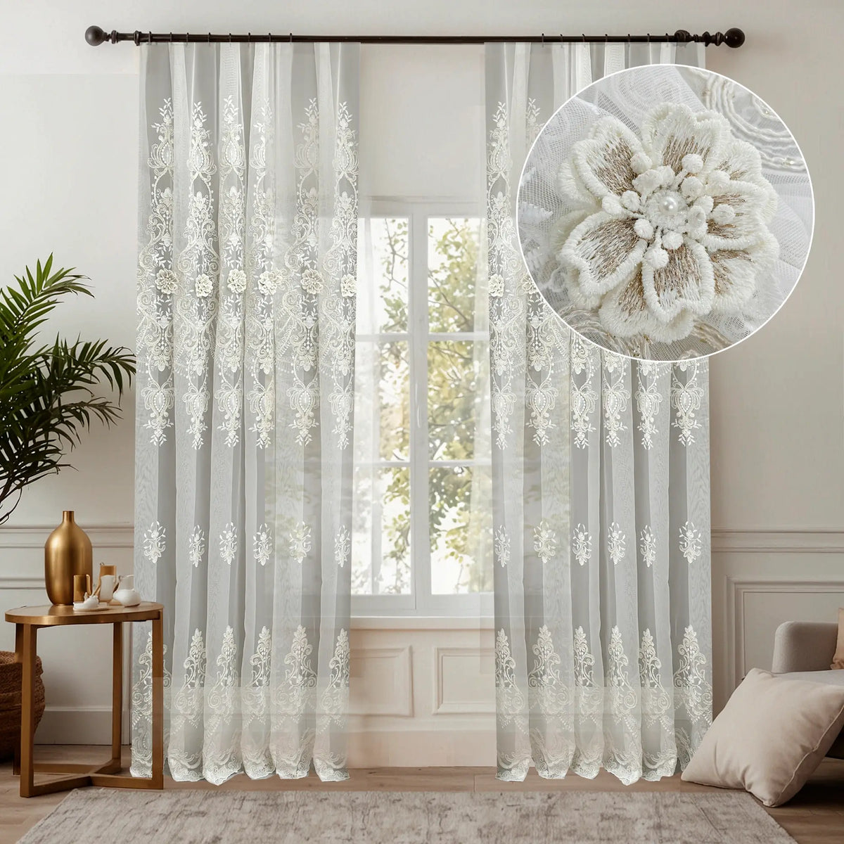 Floral Embroidered Tulle with 3D Flowers in Victorian Vintage Style