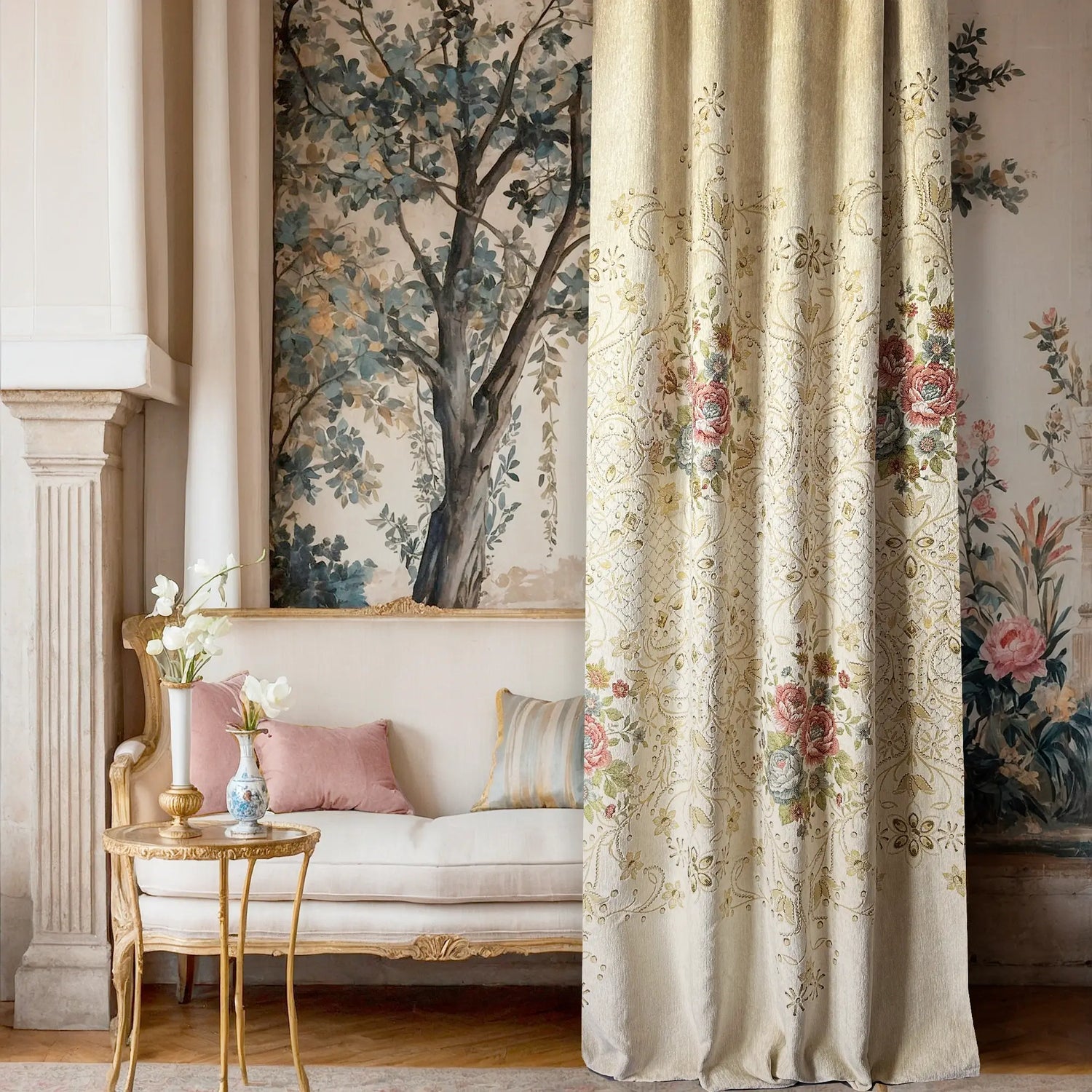 Rich Floral Vintage French Chateau Tapestry Blackout Curtains