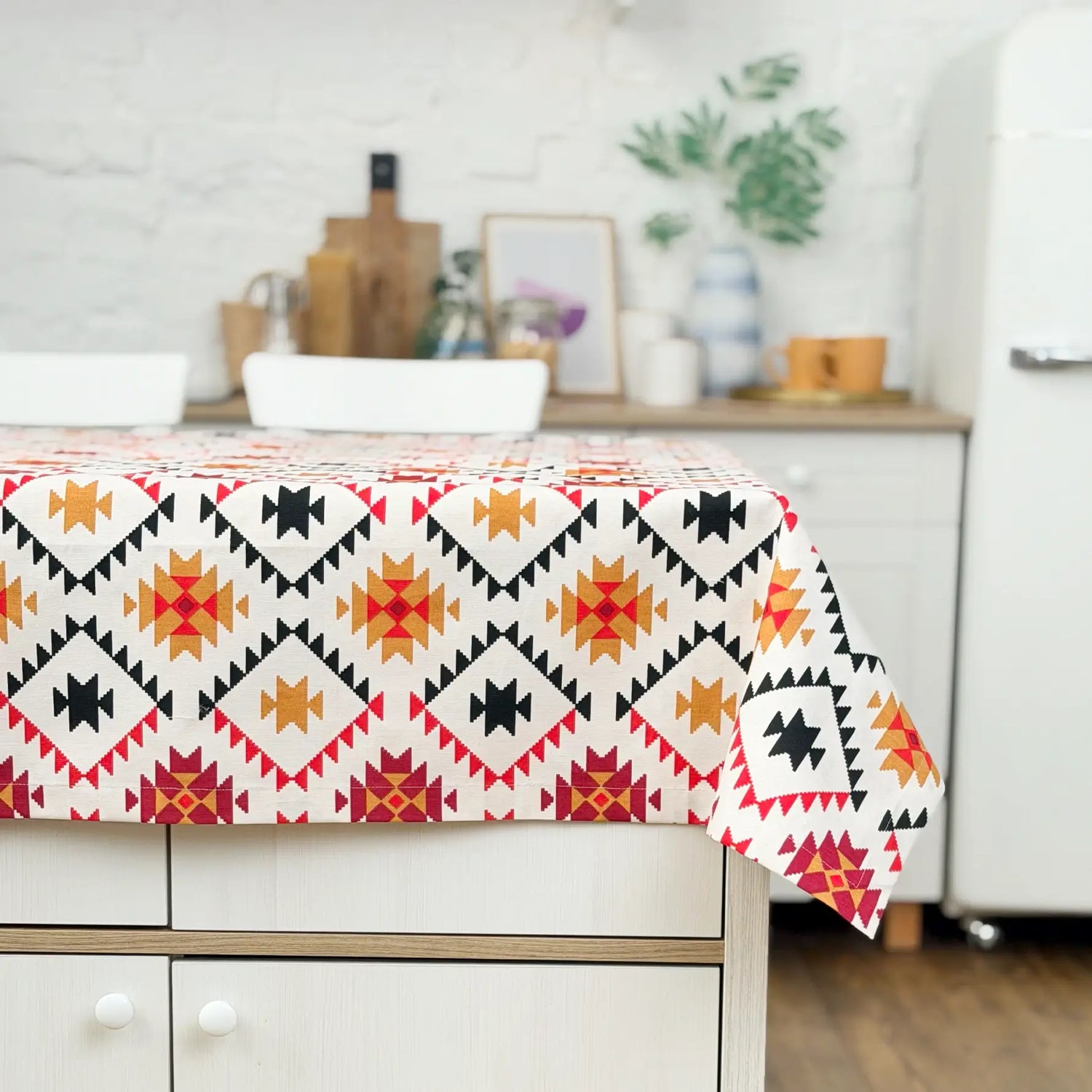 Cotton Tablecloth Waterproof Wipeable, Southwestern Aztec Geometric Table Cover in Red, Mustard and Black