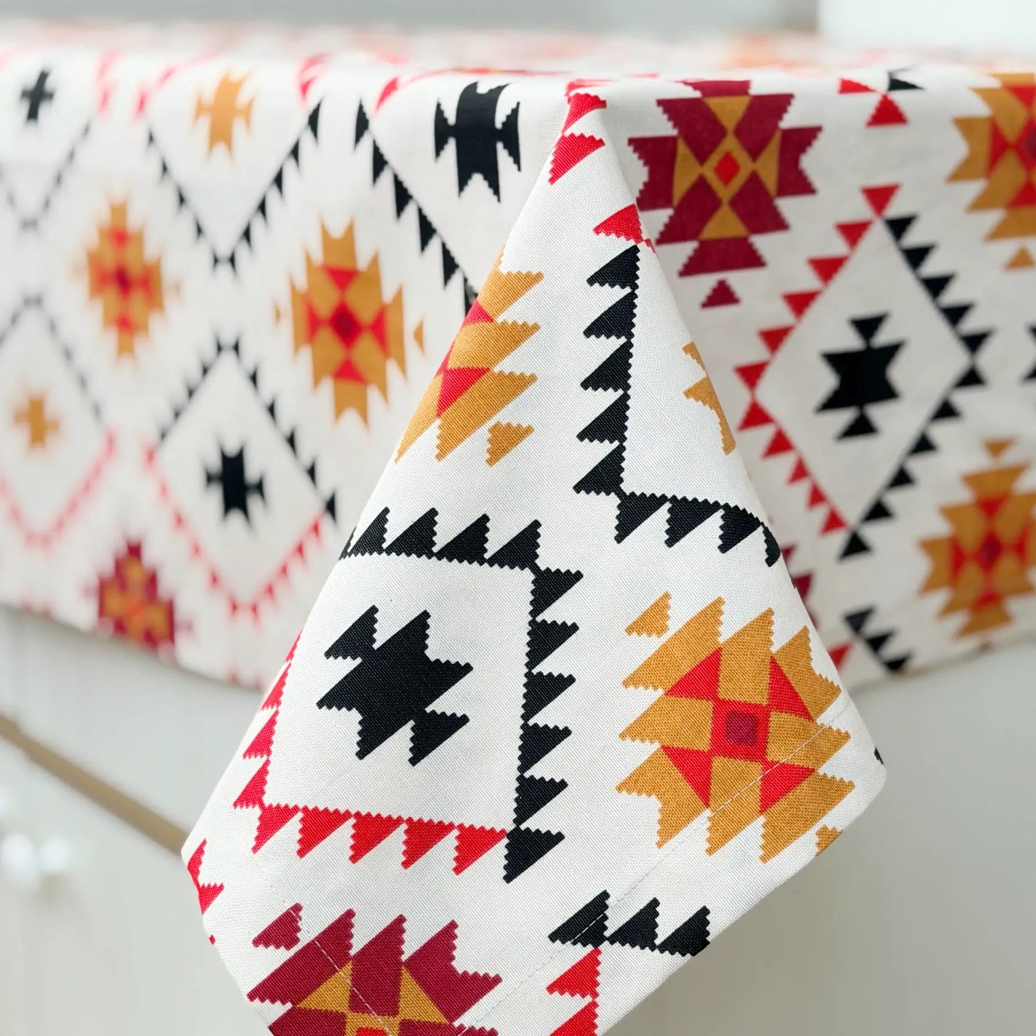 Cotton Tablecloth Waterproof Wipeable, Southwestern Aztec Geometric Table Cover in Red, Mustard and Black