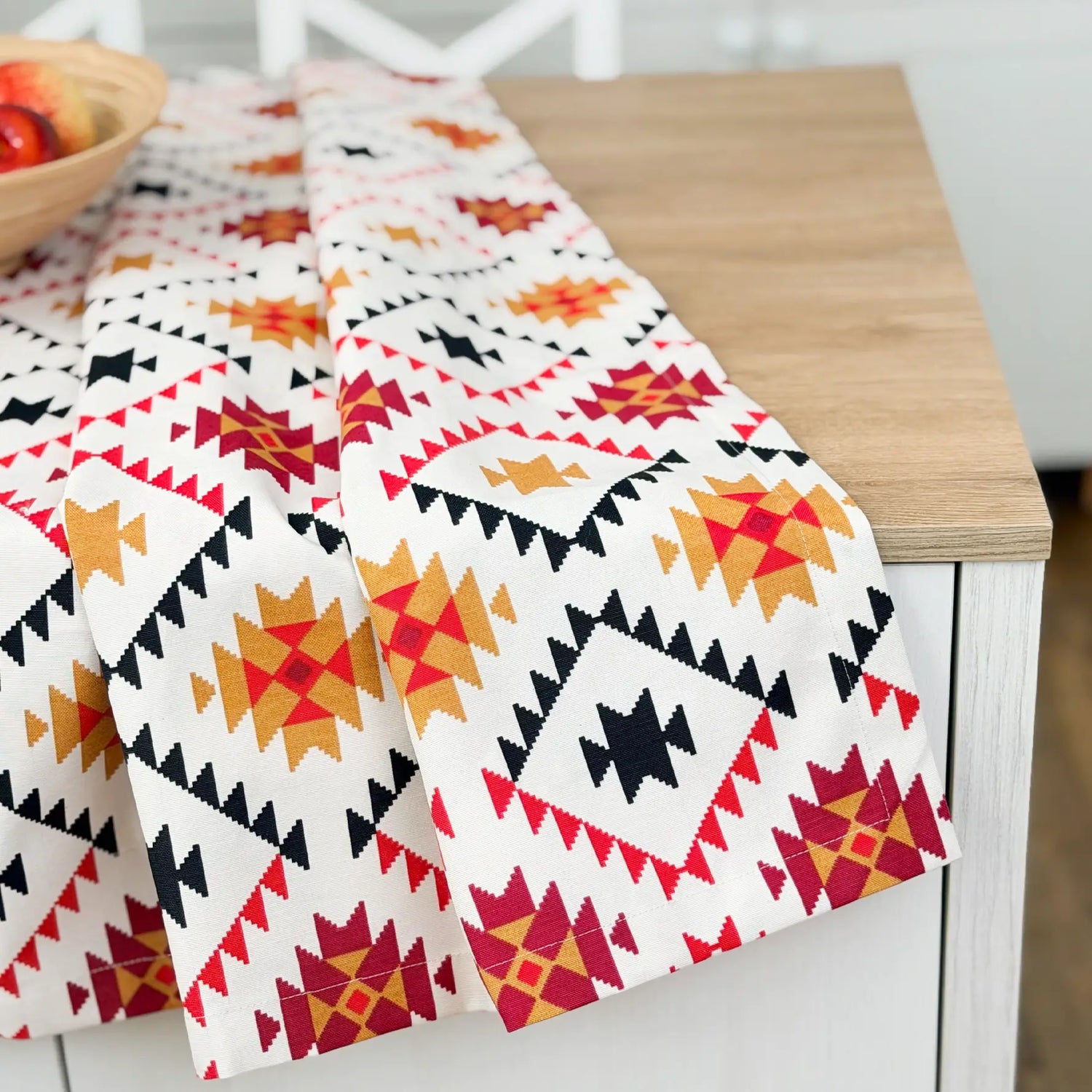 Cotton Tablecloth Waterproof Wipeable, Southwestern Aztec Geometric Table Cover in Red, Mustard and Black