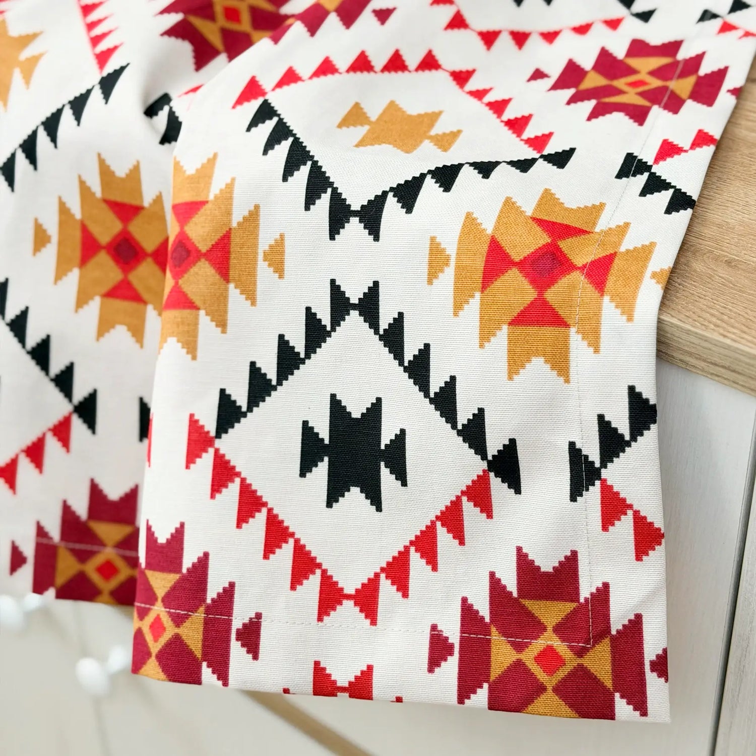 Cotton Tablecloth Waterproof Wipeable, Southwestern Aztec Geometric Table Cover in Red, Mustard and Black
