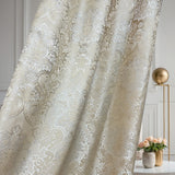 Ivory beige jacquard curtain fabric sample with floral damask texture